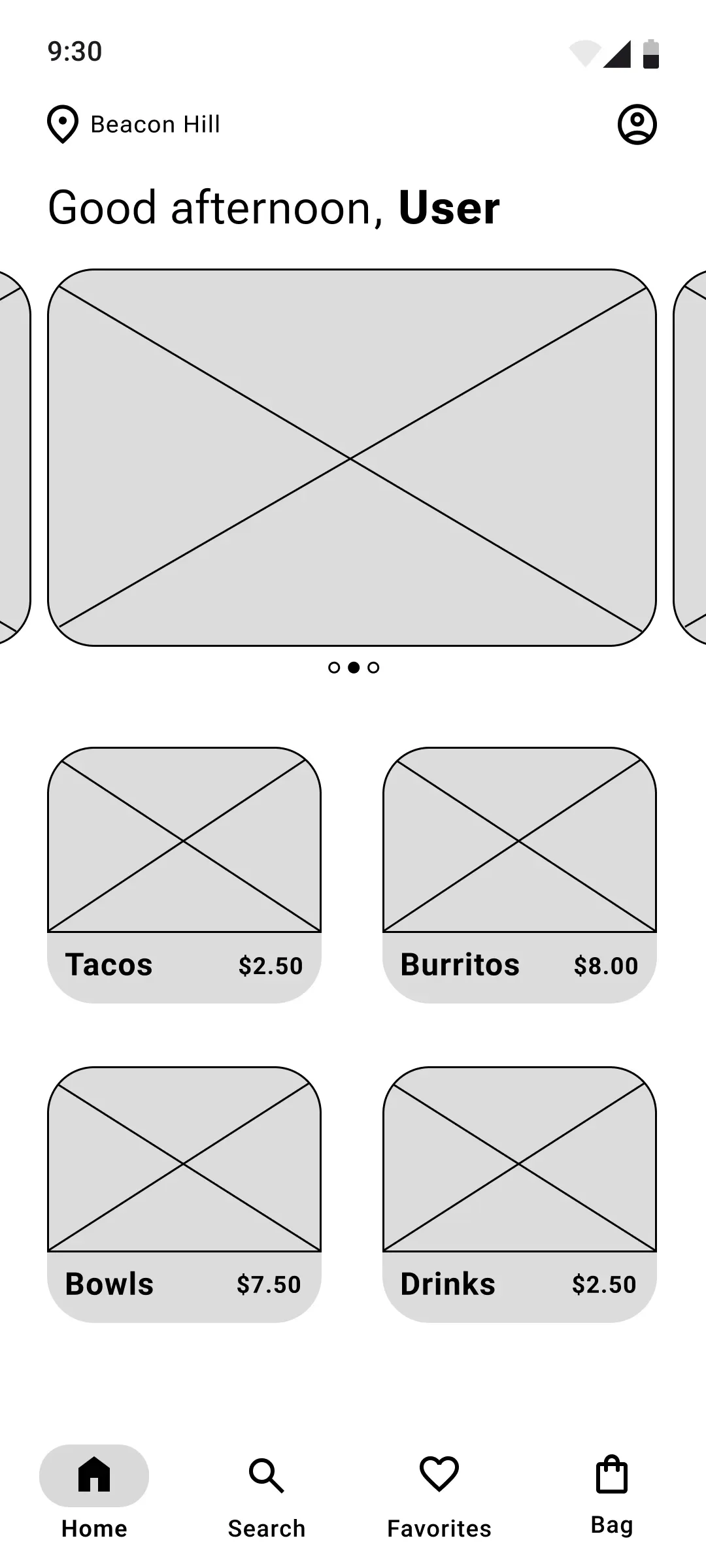 Grayscale digital wireframe of a mobile menu screen with a featured-item carousel, four food-category cards, and bottom navigation.