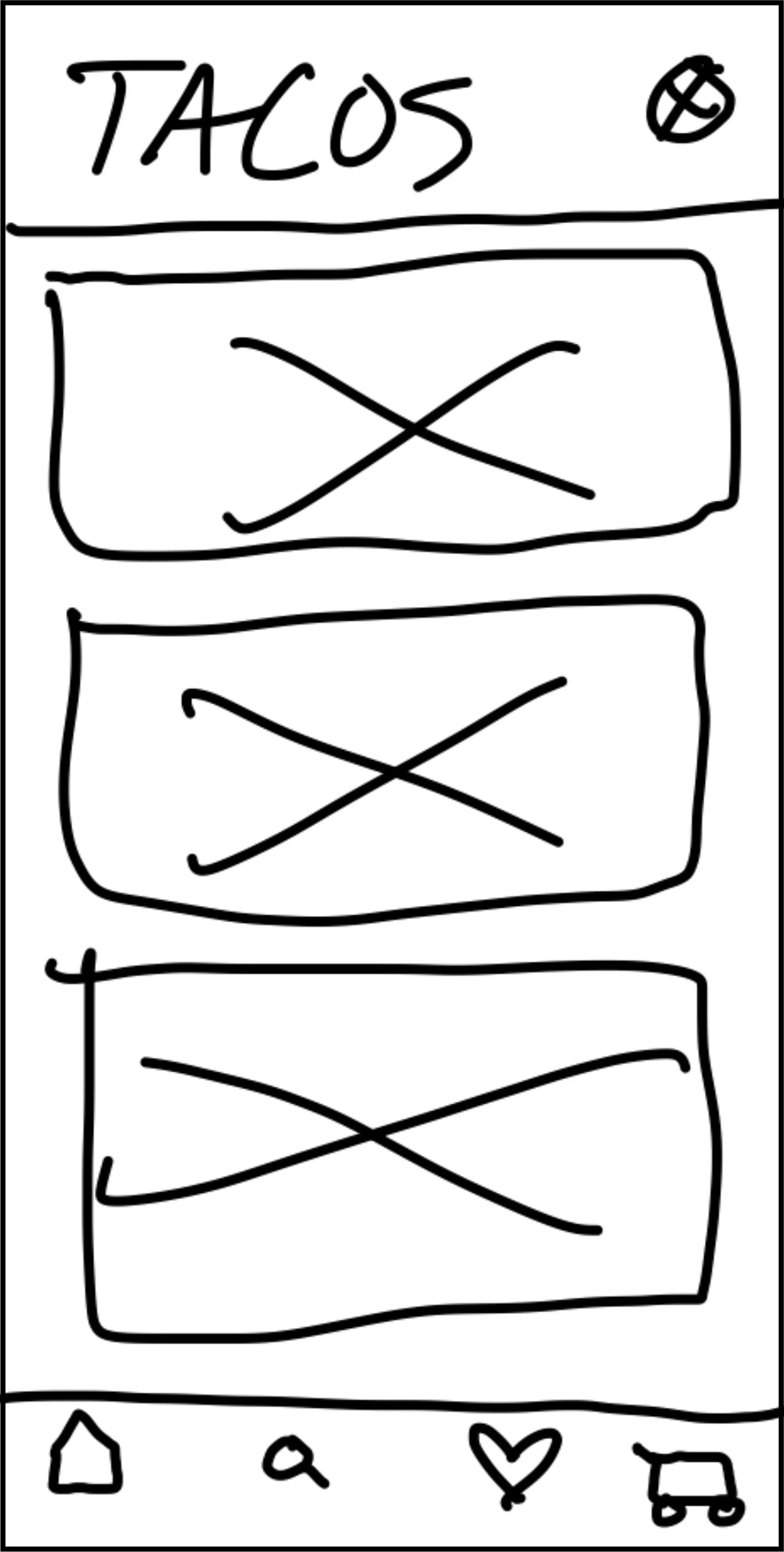 Paper wireframe showing three large stacked menu-item images above a four-icon bottom navigation bar.