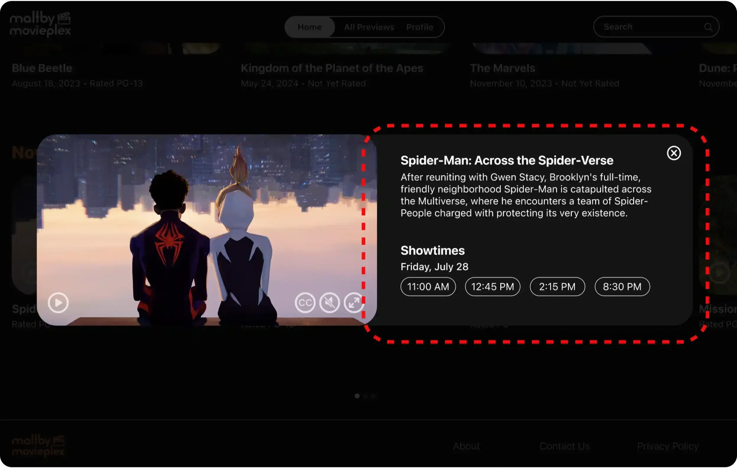After refinement: the trailer and expanded movie details appear side by side, with the synopsis and showtime buttons grouped in a separate panel.