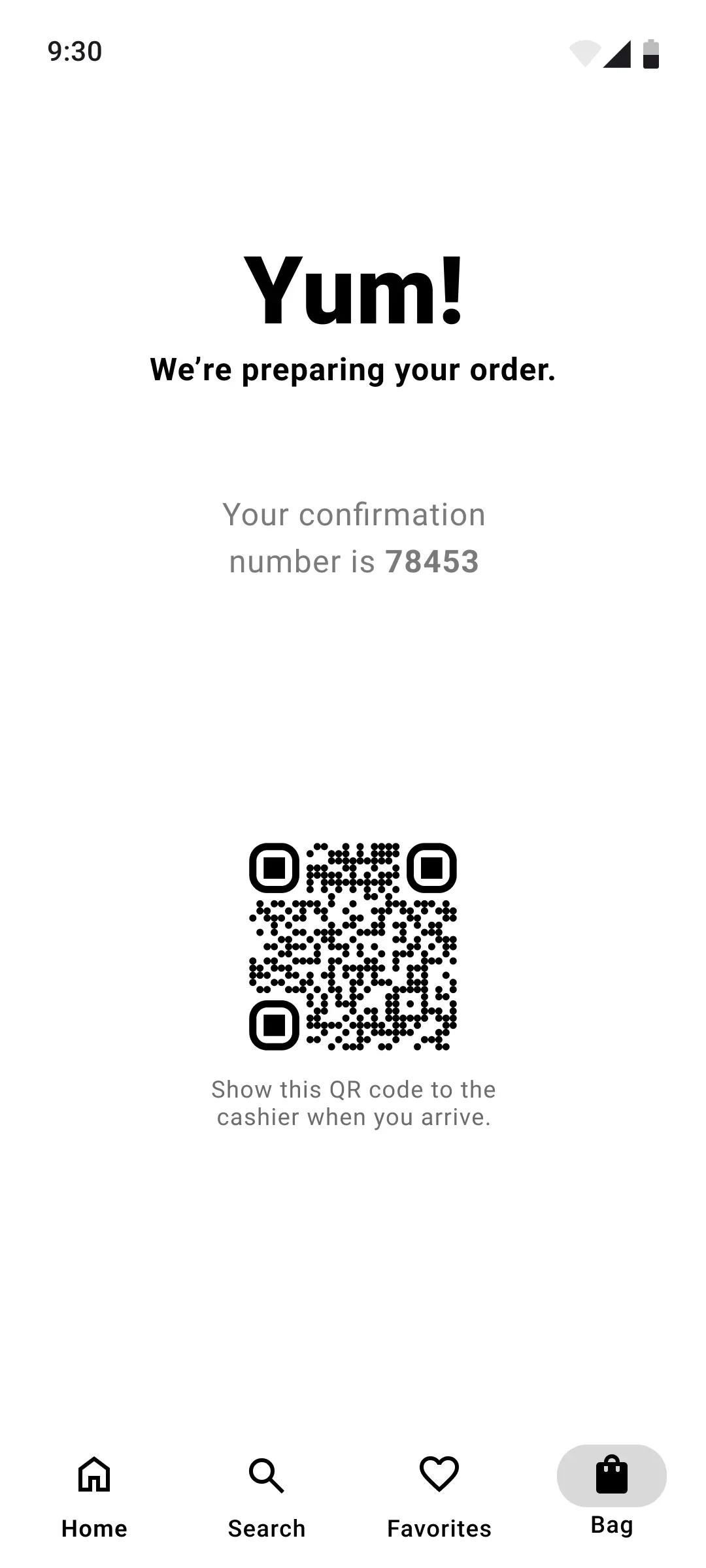 Grayscale digital wireframe of an order confirmation screen displaying an order number, pickup QR code, and bottom navigation.