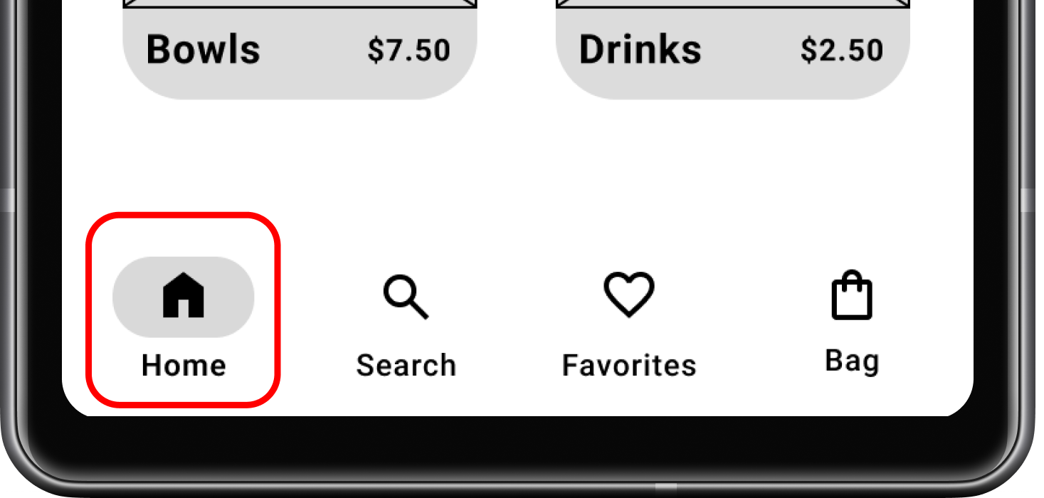 Before refinement: bottom navigation with a house icon labeled “Home” selected.