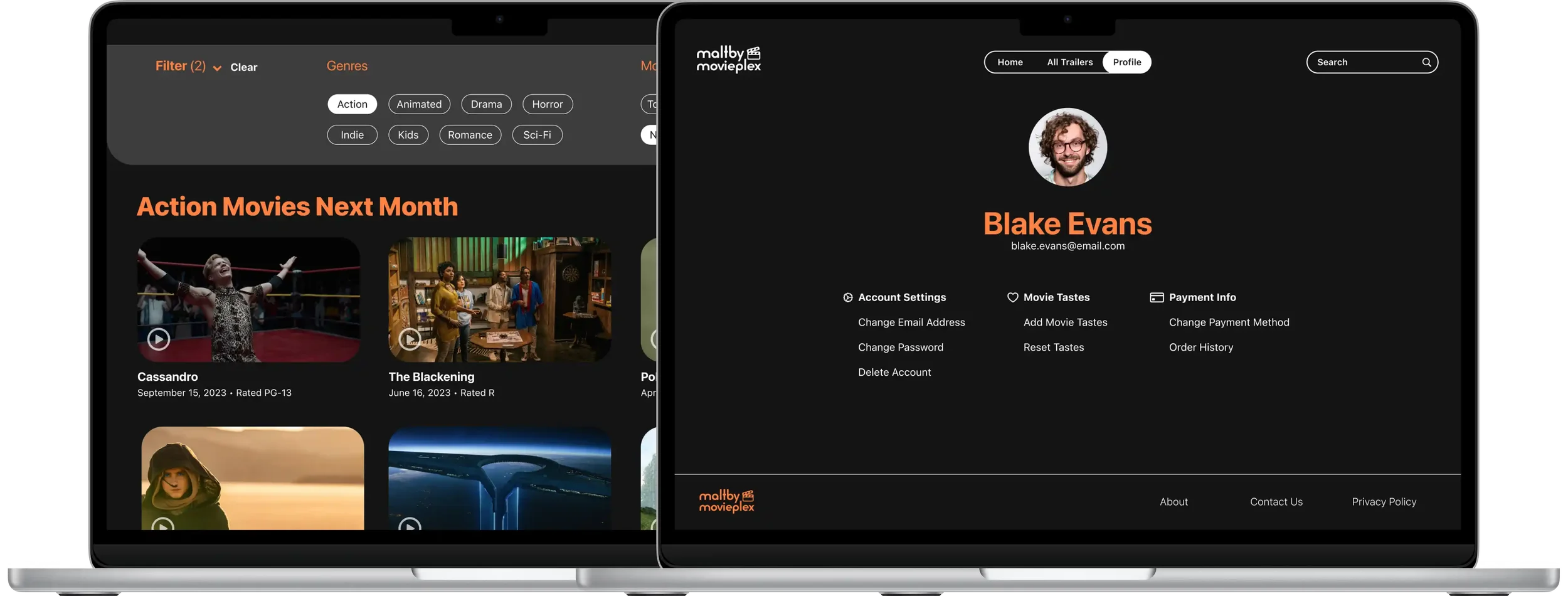 Desktop final prototype showing filtered Action movies releasing next month and a profile page with account, movie-taste, and payment settings.