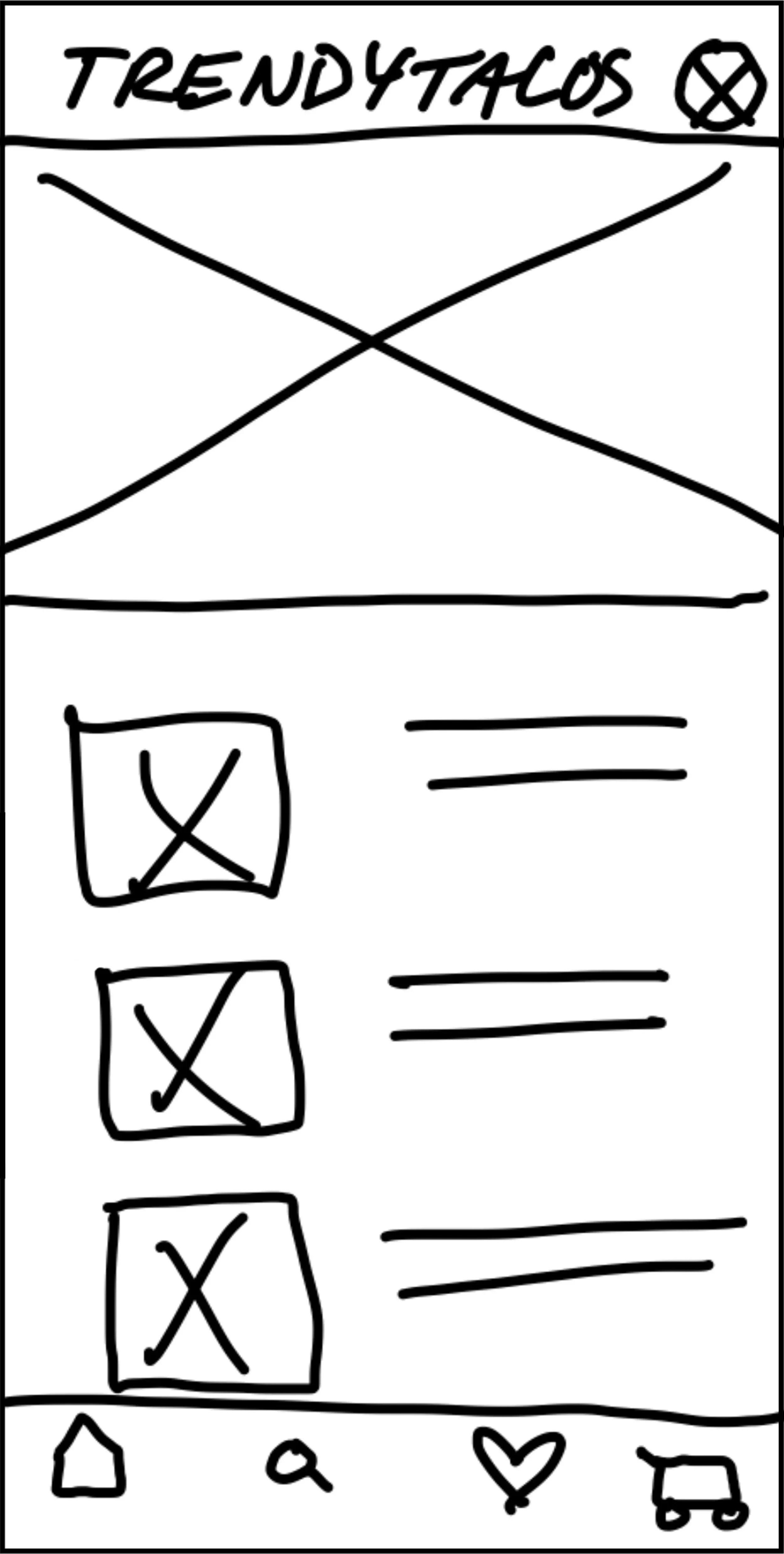 Paper wireframe with a full-width featured image above three horizontal menu rows containing thumbnail images and text.