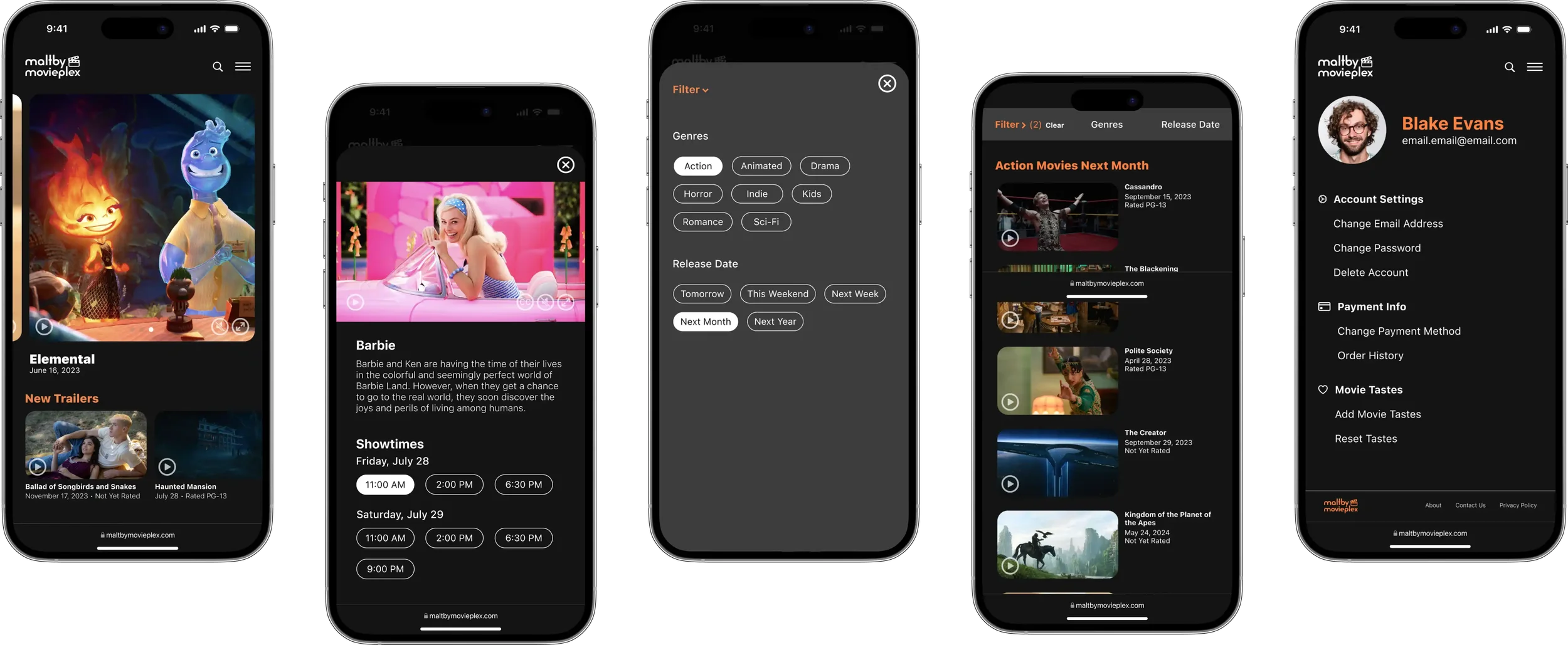 Five mobile final-prototype screens showing the Home page, movie details and showtimes, filter selection, filtered trailer results, and profile settings.