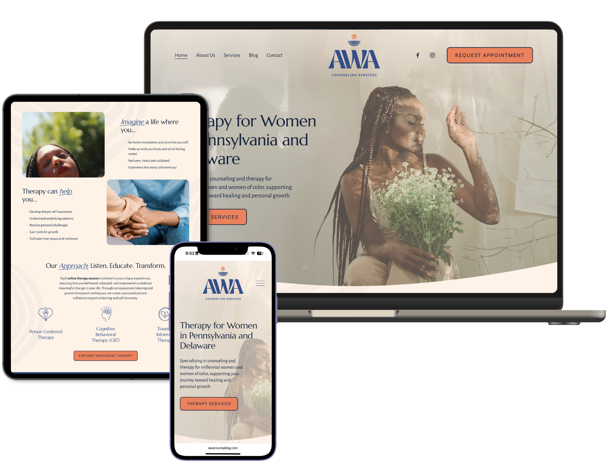 Responsive website for AWA Counseling Services displayed on a laptop, tablet, and smartphone. The homepage features a woman holding flowers and a section about therapy for women in Pennsylvania and Delaware, with navigation links, call-to-action buttons, and informational content.