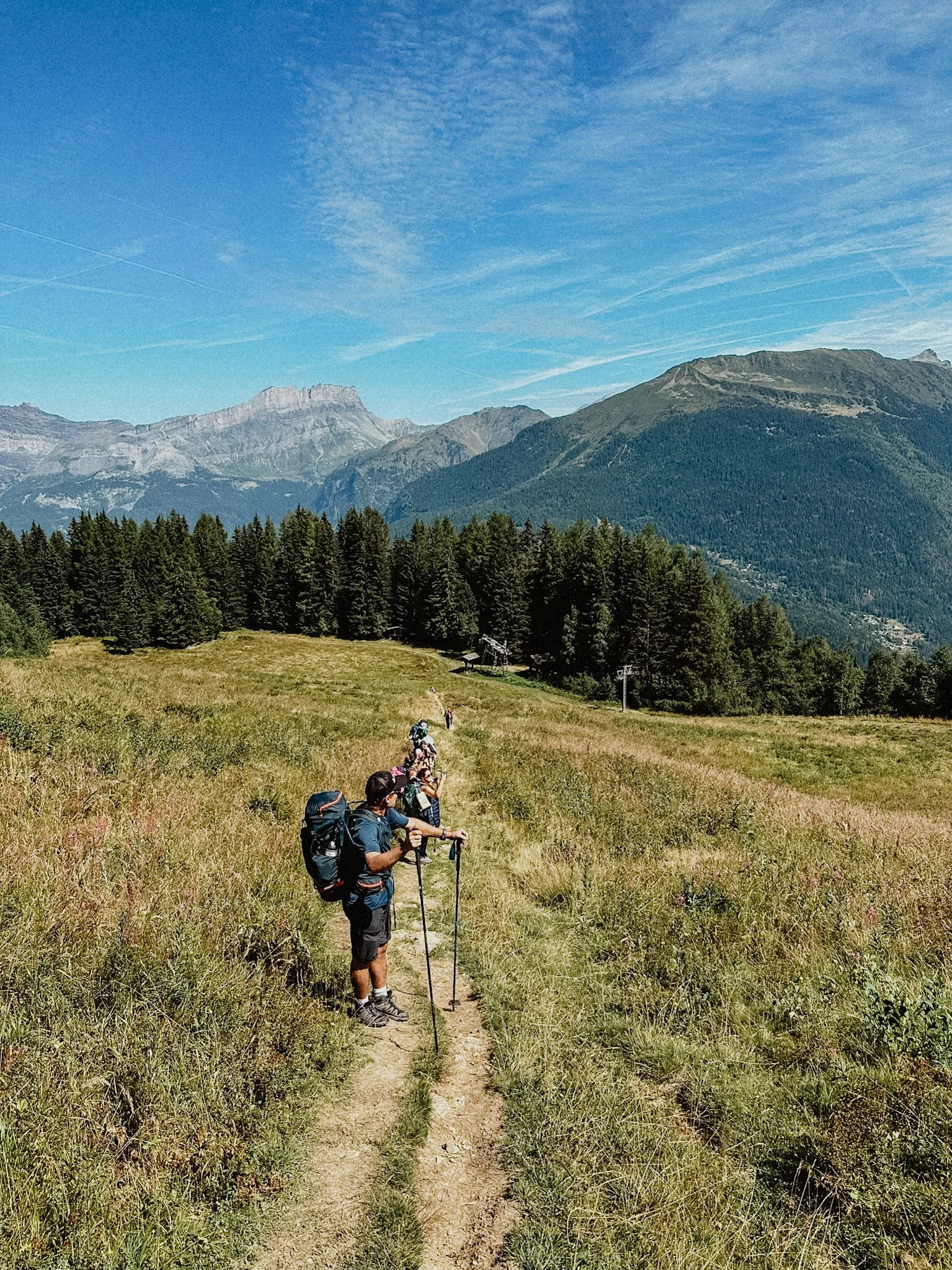 Hikers with backpacks and trekking poles walking along a grassy trail with mountains and trees in the background under a blue sky.