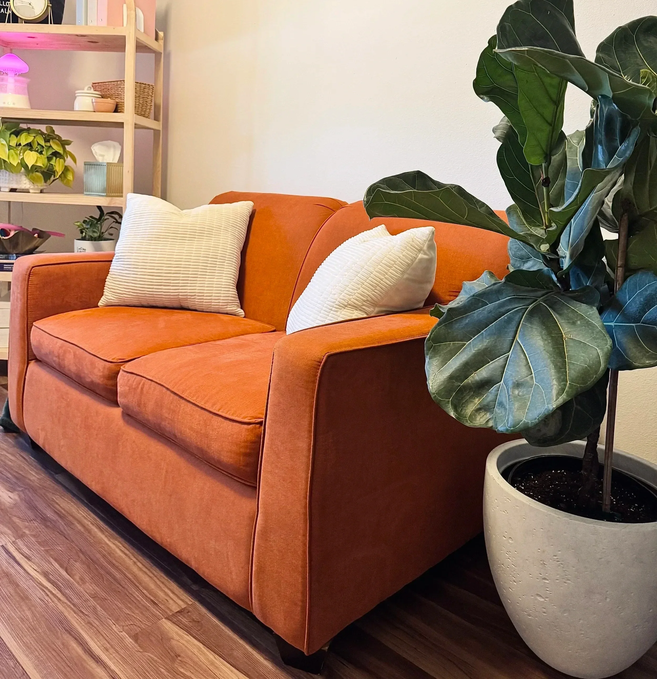 Warm therapy office designed for trauma therapy and EMDR intensives in Pensacola, Florida.