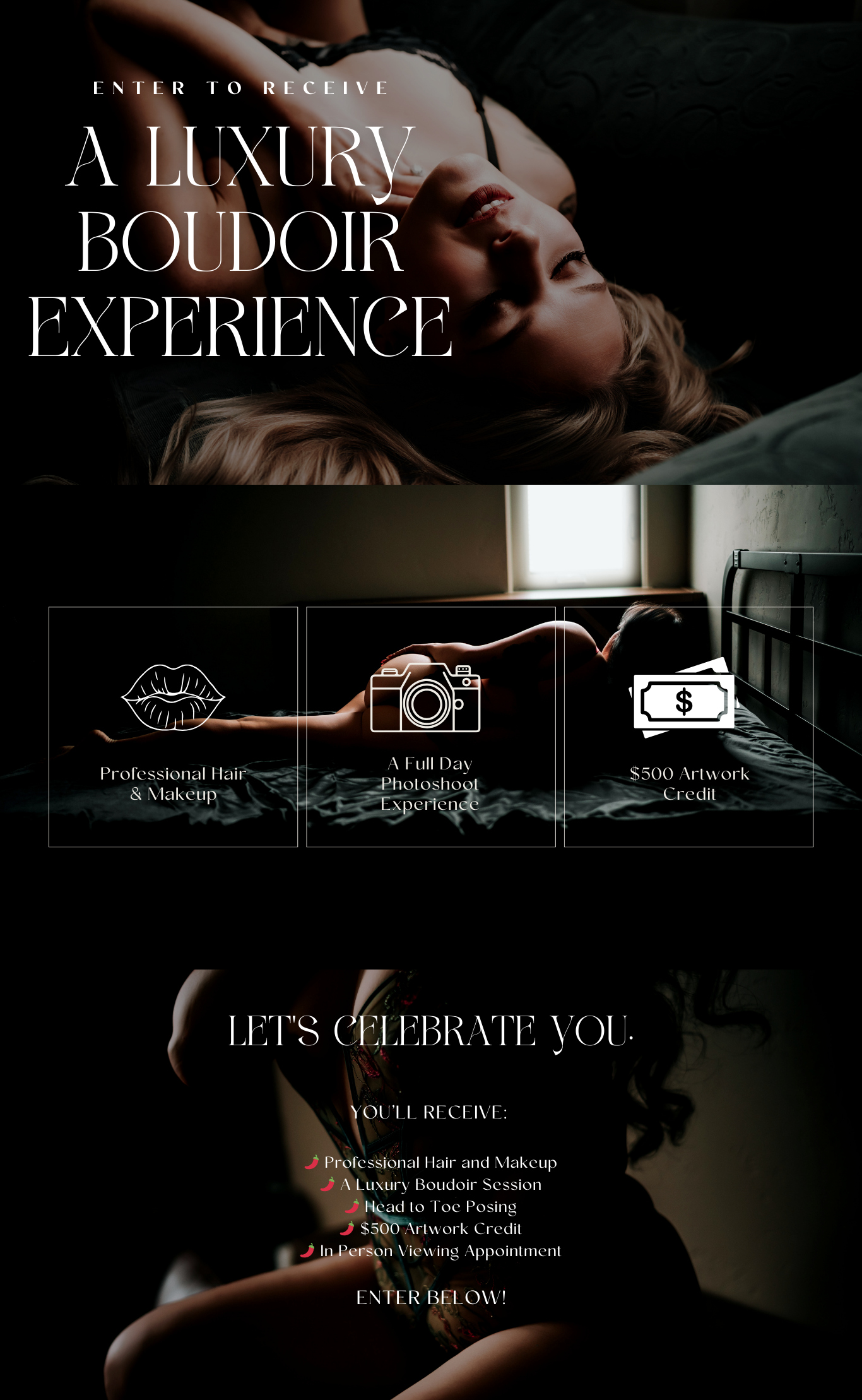 Promotional flyer for a luxury boudoir experience featuring images of women, including a woman lying on a bed and another woman with dark hair in the background, with text describing services like professional hair and makeup, a full day photoshoot, artwork credit, and details about the special celebration package.