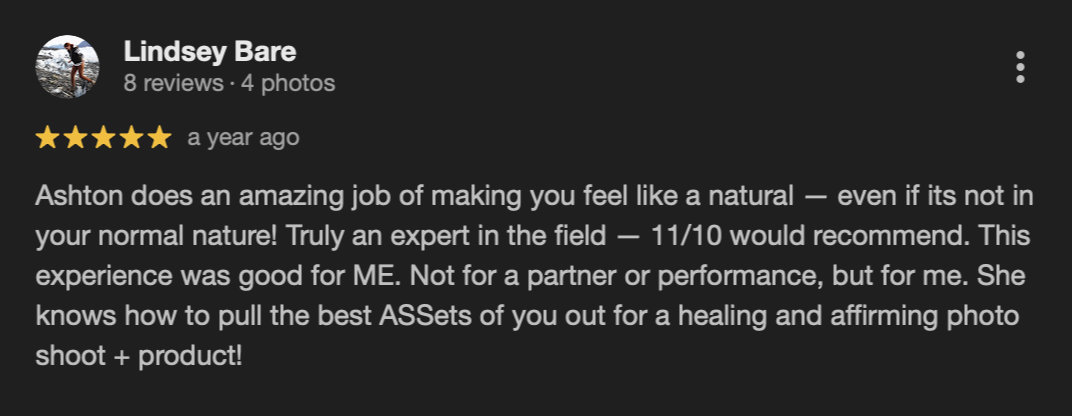 A Facebook review by Lindsey Bare praising Ashton for a natural and healing photo shoot experience.
