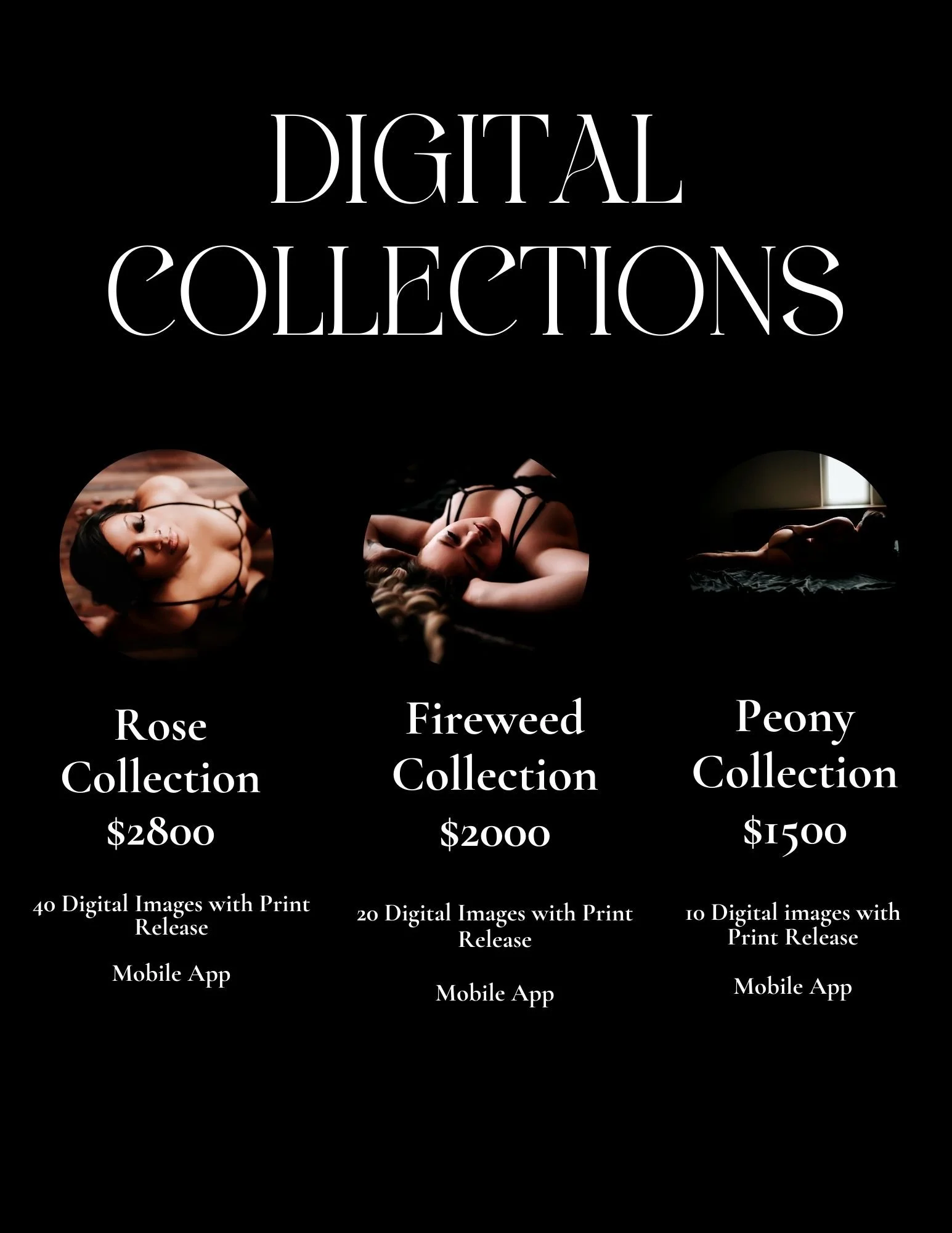 Advertisement for digital art collections featuring women. Three collections listed: Rose Collection, Fireweed Collection, Peony Collection, with prices and details.