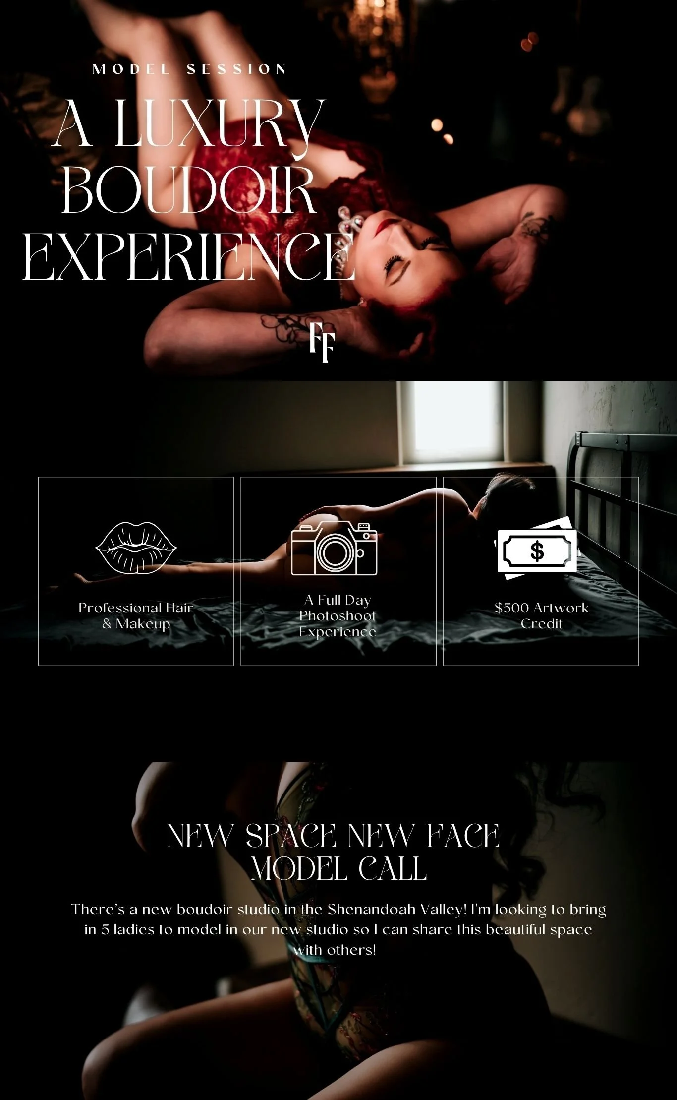 Poster advertising a boudoir model session titled 'A Luxury Boudoir Experience'. The poster features images of women in lingerie and promotes professional hair and makeup, a full-day photoshoot experience, and a $500 artwork credit. It also invites models to join a new studio in the Shenandoah Valley.
