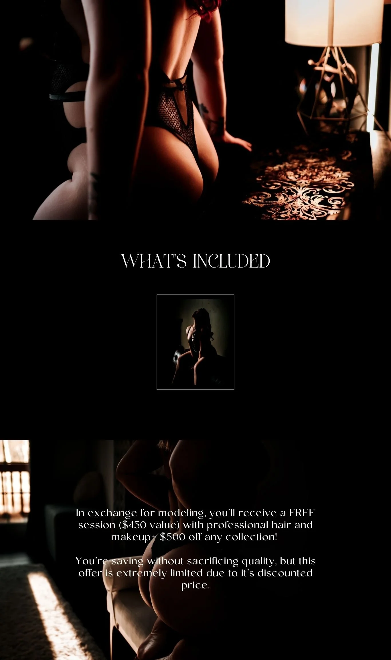 Dark promotional advertisement showing a woman in lingerie sitting on a bed with warm lighting. The text promotes a modeling exchange offer for a free professional hair and makeup session, and discounts on collections.