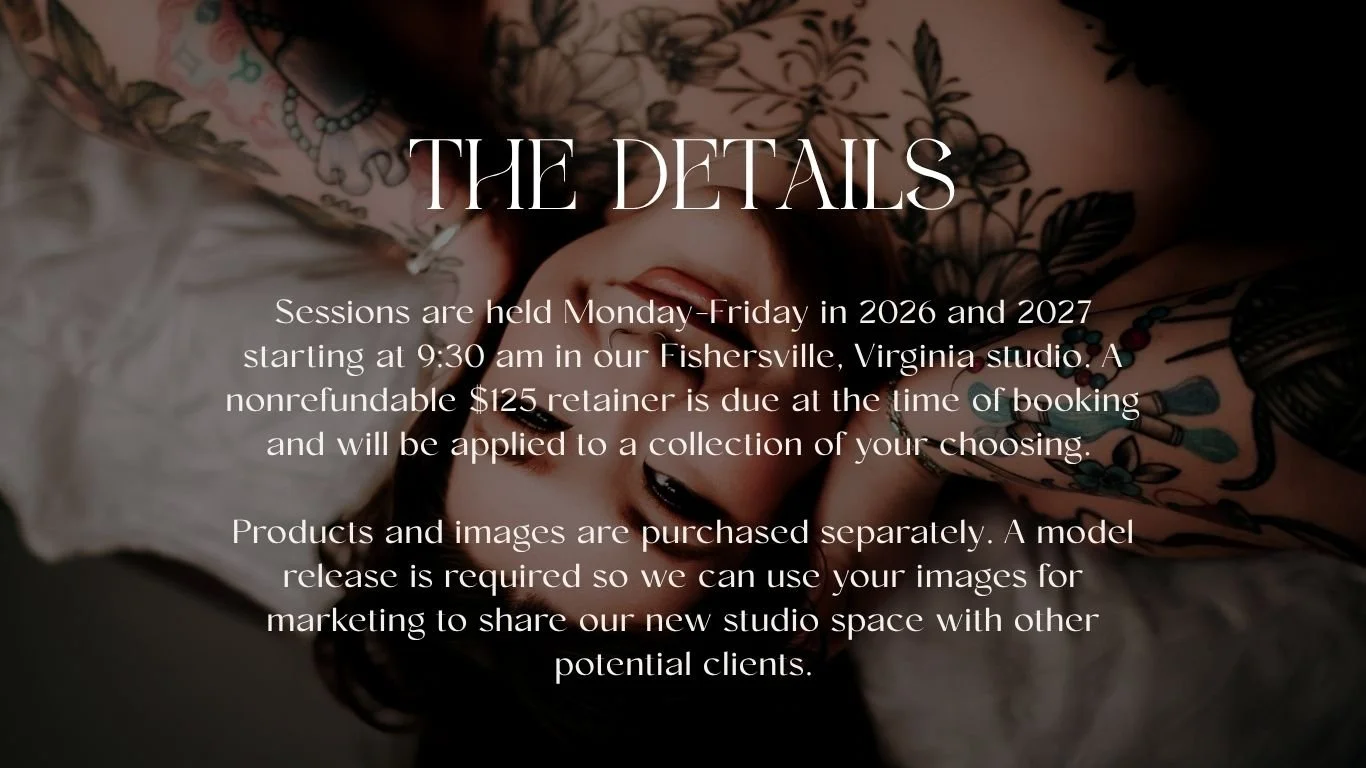 Text overlay on a photo of a woman with tattoos, reading 'The Details,' providing information about studio sessions held in Fishersville, Virginia, including schedule, fees, payment policies, and marketing rights.