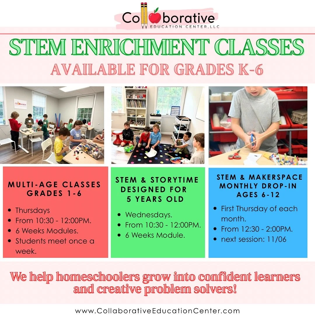Happy Saturday Homeschool Families!

STEM Enrichment Classes for Ages 5&ndash;12 Begin Next Week
Strengthen your child&rsquo;s education with fun, hands-on STEM classes designed to spark creativity, critical thinking, and problem-solving.

What We Of