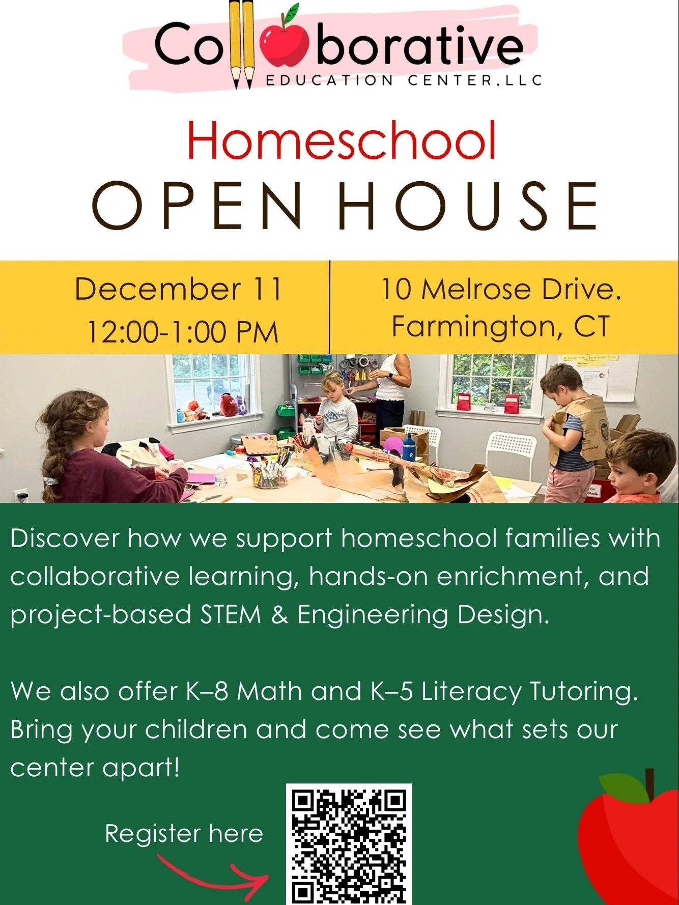 Calling all the homeschool families in the area!

It is Open House season, and we would like to invite you to join us on December 11, from 12:00 to 1:00 PM.

Bring your children and come learn how we support homeschool families through collaborative 
