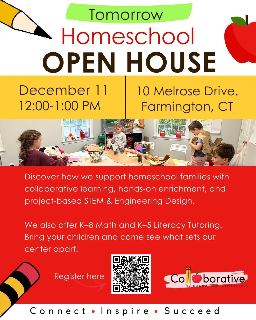Homeschool families, plan ahead now and enjoy the holidays!

Join our open house TOMORROW  December 11, from 12:00 to 1:00 PM.

Bring your children and come learn how we support homeschool families through collaborative learning and hands-on enrichme