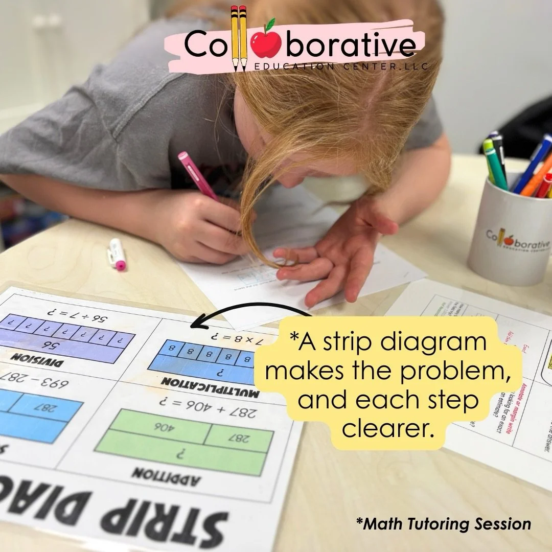Math Tutoring Available for Grades K&ndash;8 
This student is using a strip diagram during her math tutoring session to understand the relationship between parts and a whole. We use visual models like this to help students see the problem clearly and