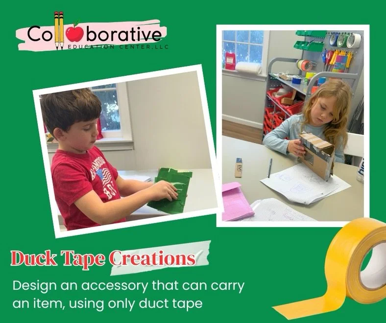 Today&rsquo;s STEM &amp; Engineering Design Class: Duct Tape Creations

Our multiage STEM group took on a creative challenge: design an accessory that can carry an item, using only duct tape!

From clutches, purses, and wallets, each piece was full o