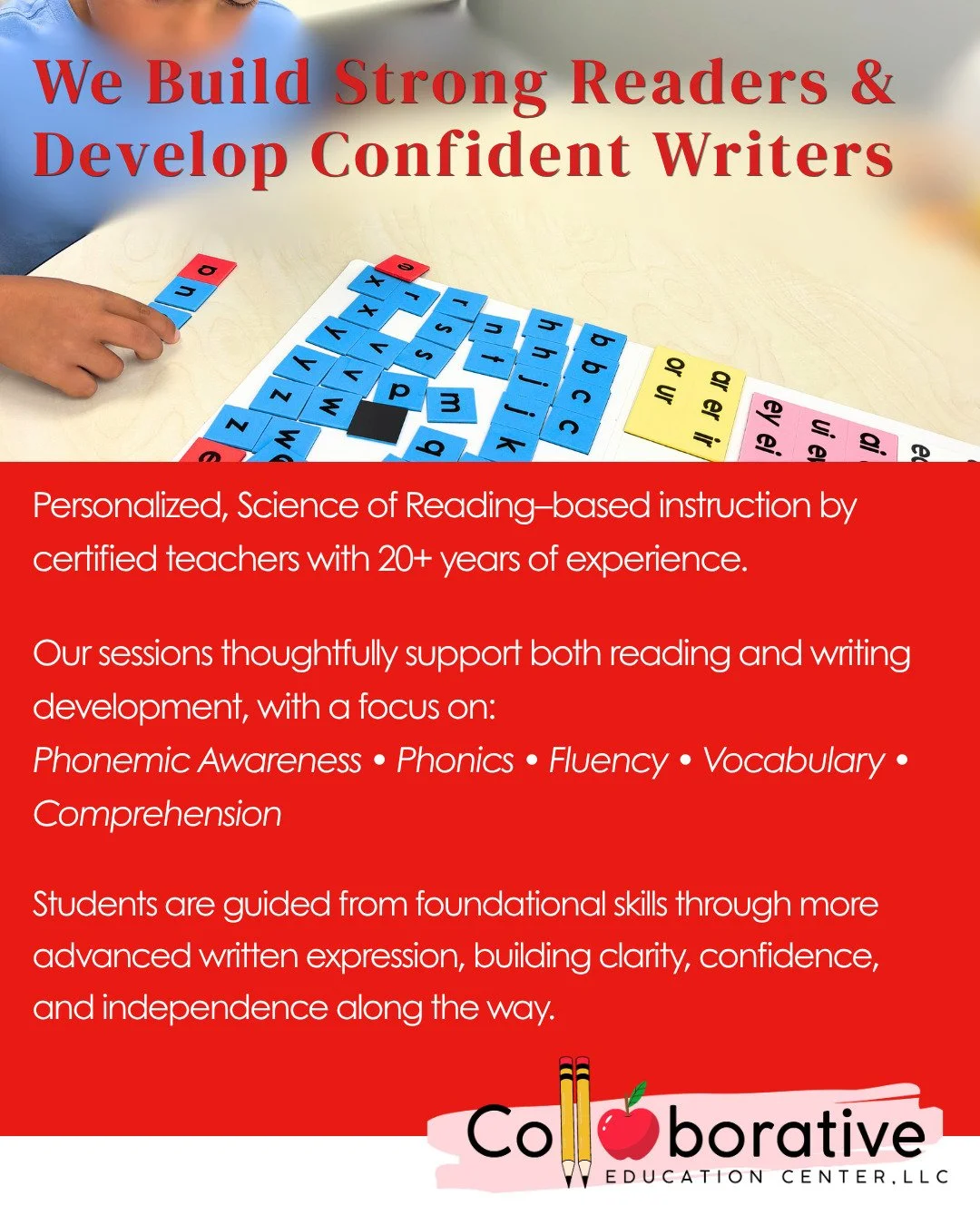 We Build strong readers &amp; Develop confident writers. Literacy Tutoring (K&ndash;5) 

Personalized instruction grounded in the Science of Reading and delivered by certified educators with 20+ years of experience.

We take the time to truly connect