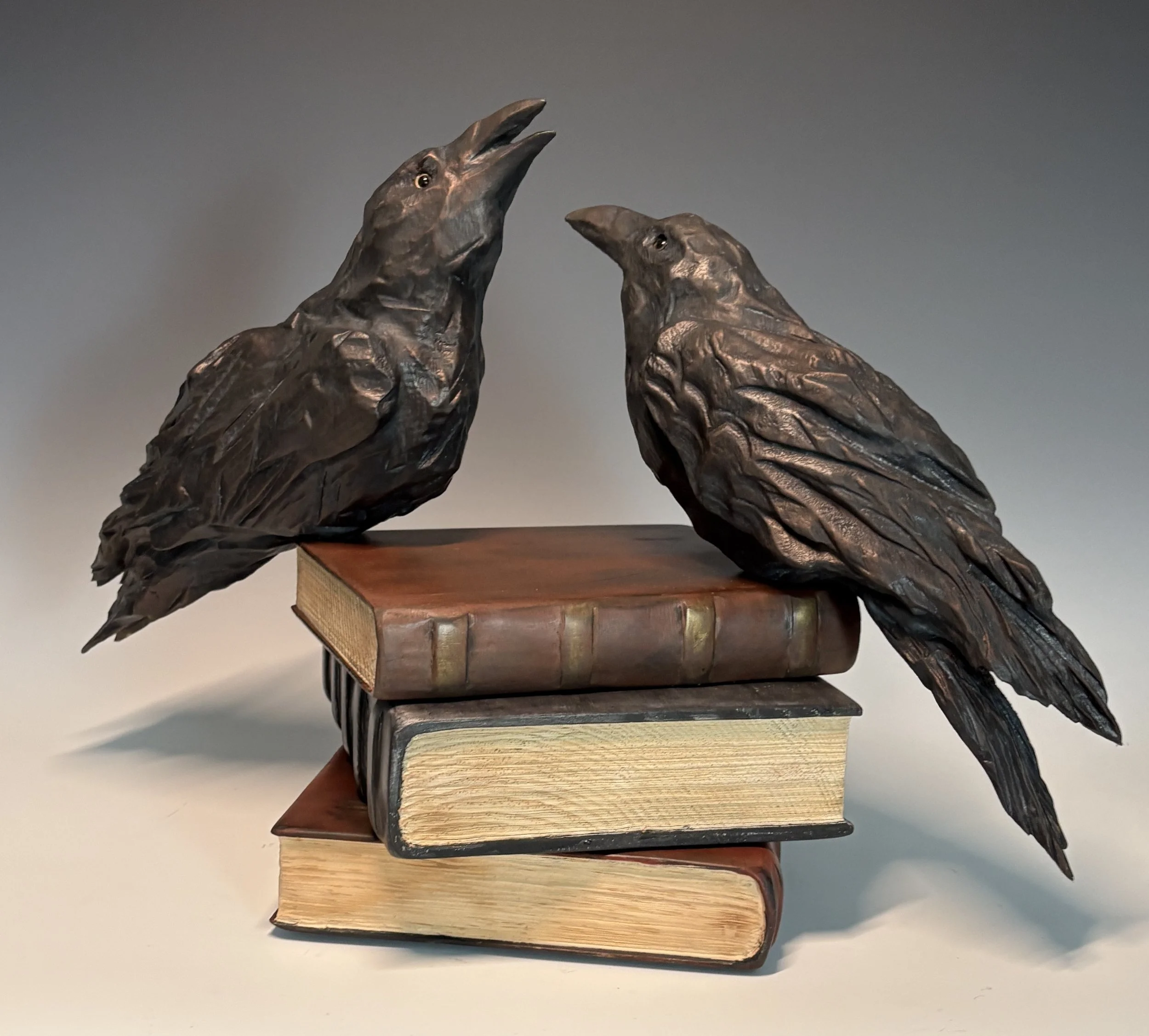 Book Talk, 2025. Sourwood (ravens), White Pine (books) — 14 x 22 in, private collection.