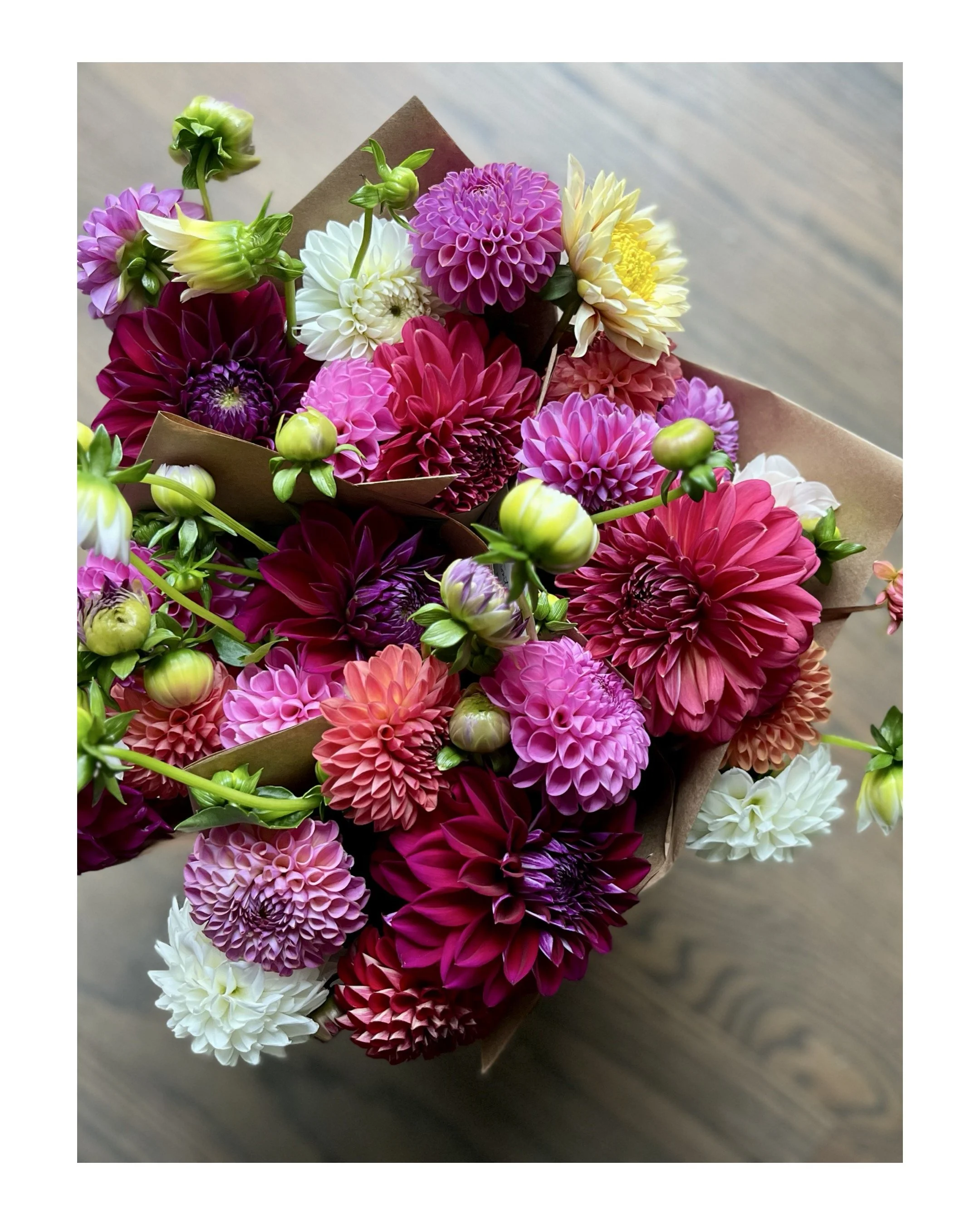A bouquet of colorful dahlias in shades of pink, purple, yellow, red, and white, wrapped in brown paper, placed on a wooden surface.