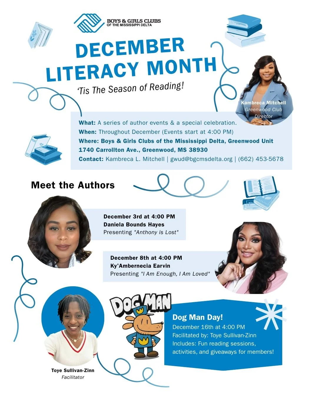 &lsquo;Tis the season&hellip; for reading! 📚✨

We are so excited to announce our December Literacy Month lineup at the Greenwood Unit!

Join us for two inspiring author visits and a super fun Dog Man Day for the whole club family. Swipe through to m