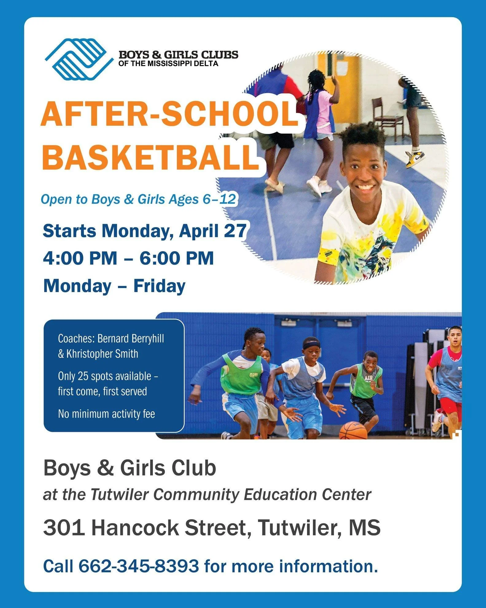 🏀 After‑school basketball is coming to Tutwiler!

Boys &amp; girls ages 6&ndash;12 are invited to play at the Tutwiler Community Education Center.

📅 Starts MONDAY, April 27
⏰ 4:00 &ndash; 6:00 PM (Monday&ndash;Friday)
📍 Tutwiler Community Educati