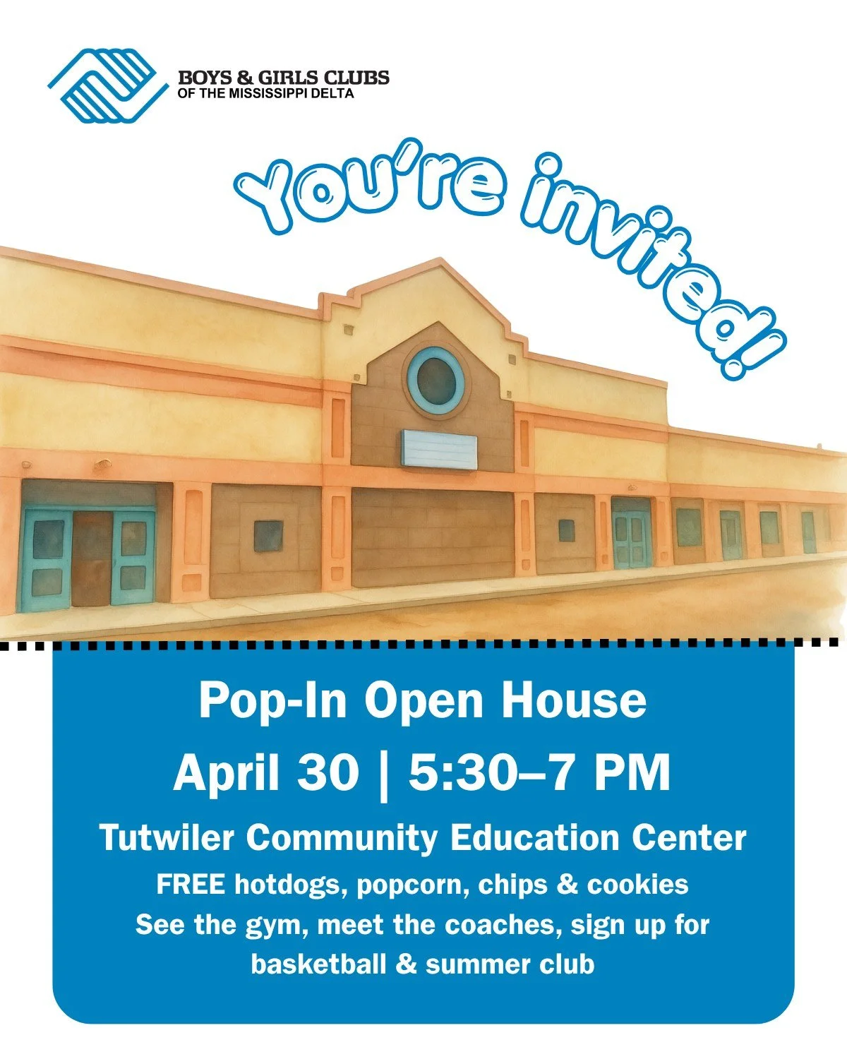 🎉 You&rsquo;re invited to a Pop‑In Open House!

Families, come see the Tutwiler Community Education Center &ndash; now open with Boys &amp; Girls Clubs programs.

📅 Thursday, April 30
⏰ 5:30 &ndash; 7:00 PM
📍 Tutwiler Community Education Center

?