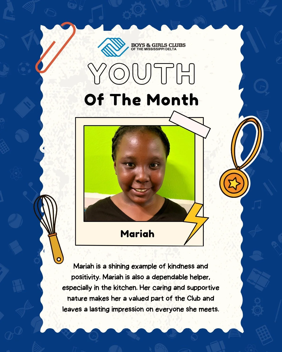 🌟 April Youth of the Month: Mariah &ndash; Grenada Club! 🌟

We are thrilled to shine the spotlight on Mariah, our April Youth of the Month at the Grenada Boys &amp; Girls Club!

Mariah is a shining example of kindness and positivity. She is incredi