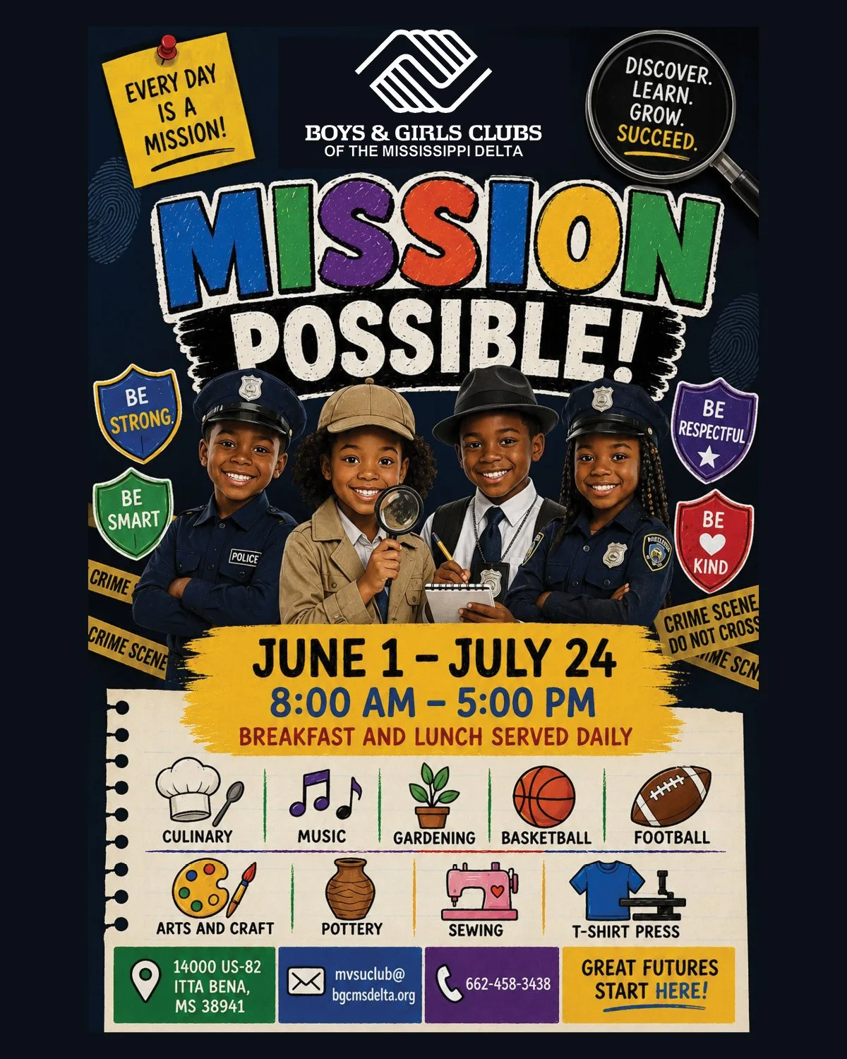 Join us this summer! Our Club at Mississippi Valley State University will provide daily programming for members ages 6-18. We will engage in a variety of activities such as cooking, music, gardening, basketball, football, arts and crafts, pottery, se