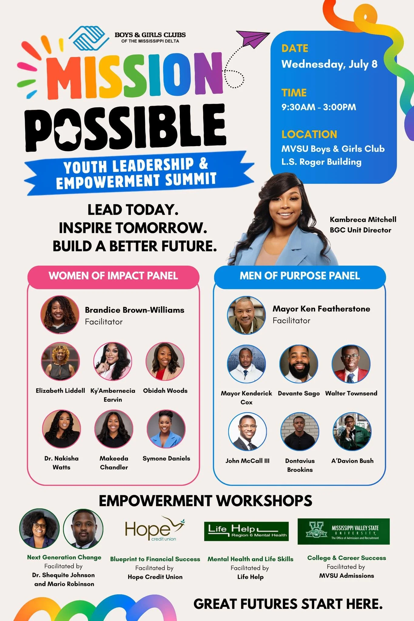 🚀 Middle &amp; high school students&mdash;this event is for YOU!

Join us for the Mission Possible Leadership Summit on Wednesday, July 8 at the MVSU Boys &amp; Girls Club (L.S. Roger Building) from 9:30 AM &ndash; 3:00 PM.

What's waiting for you:
