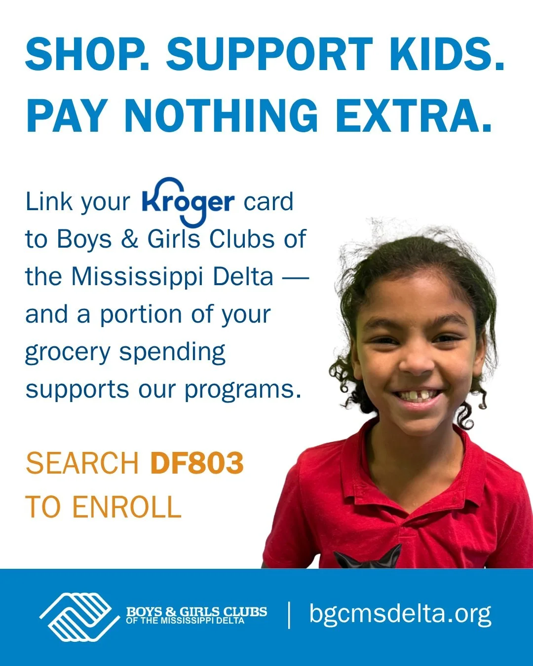 🛒 Shop at Kroger. Support Delta kids. Pay nothing extra.

Boys &amp; Girls Clubs of the Mississippi Delta is now part of Kroger Community Rewards. Link your Kroger card to our organization, and a portion of your grocery spending goes to our Clubs.

