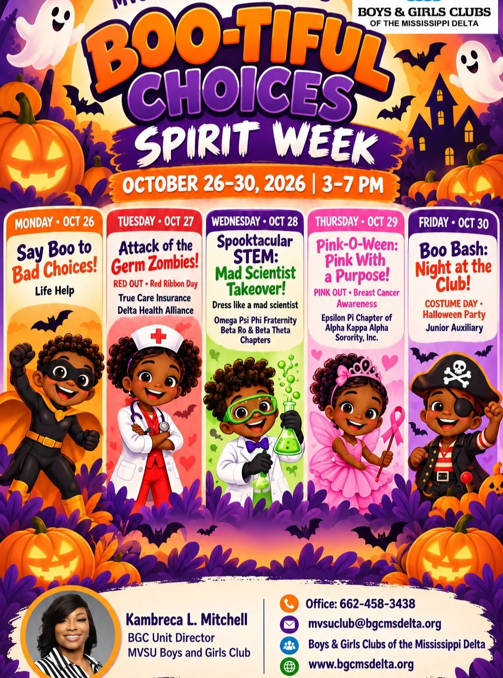 MVSU Club will be hosting Boo-tiful Choices Spirit Week, October 26&ndash;30, 2026!