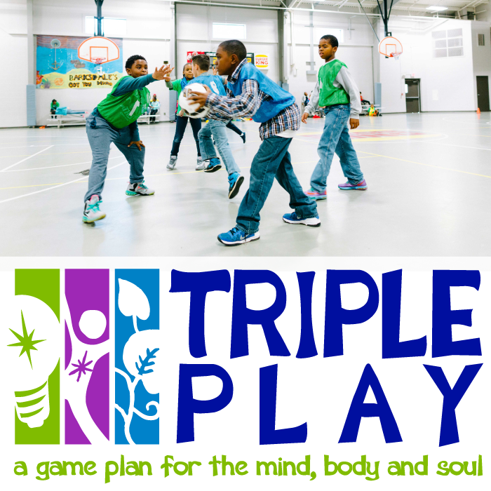 Children playing basketball indoors, with a colorful logo that says 'Triple Play: a game plan for the mind, body and soul'.