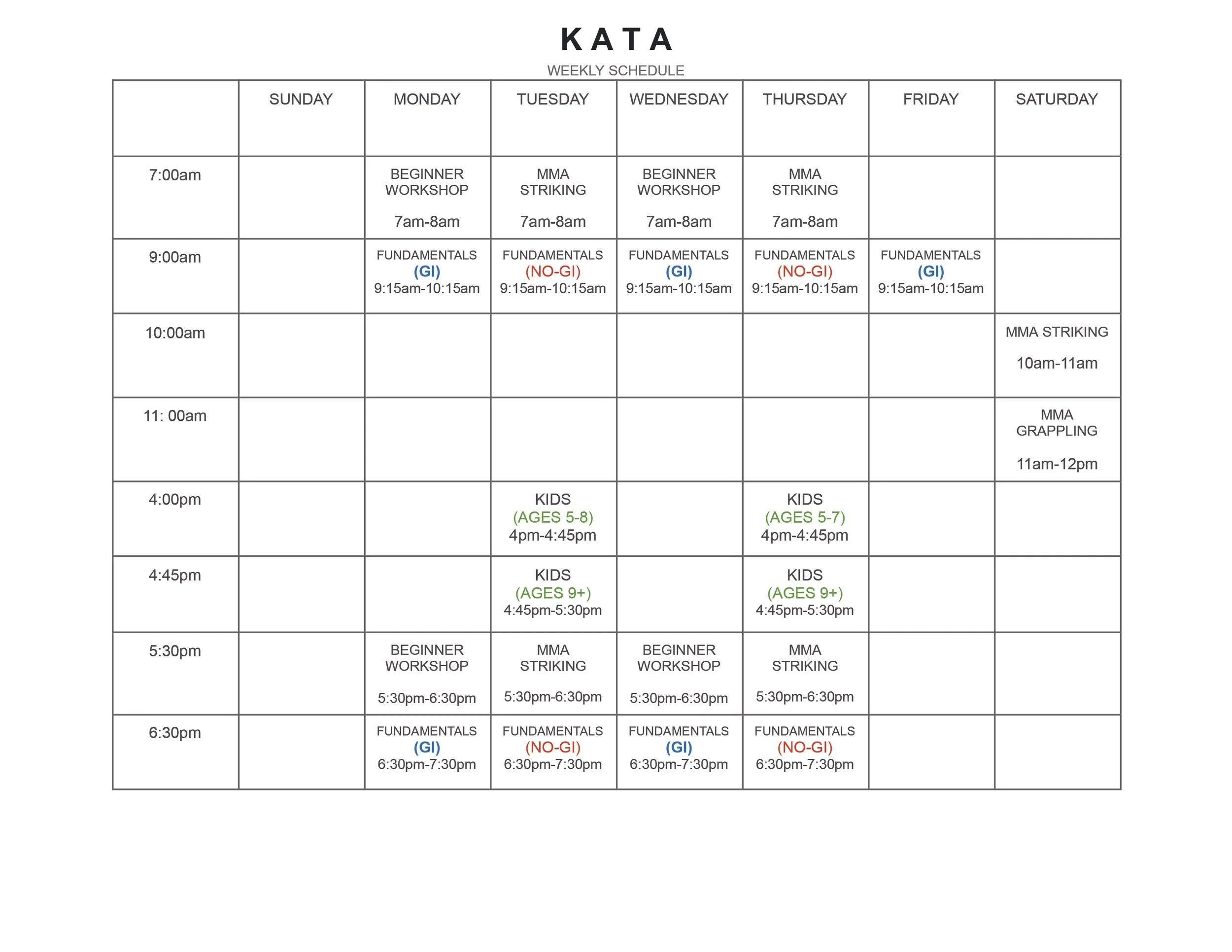Weekly martial arts class schedule for students of all ages, showing classes like beginner workshop, MMA striking, fundamentals, kids classes, and intermediate classes, organized by day and time.