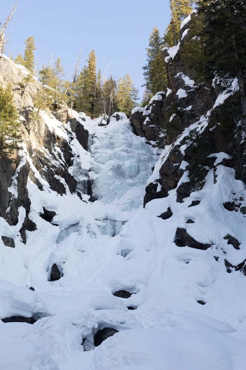 Snow-covered mountain landscape with a frozen waterfall or stream flowing down a rocky slope, surrounded by evergreen trees under a clear blue sky.