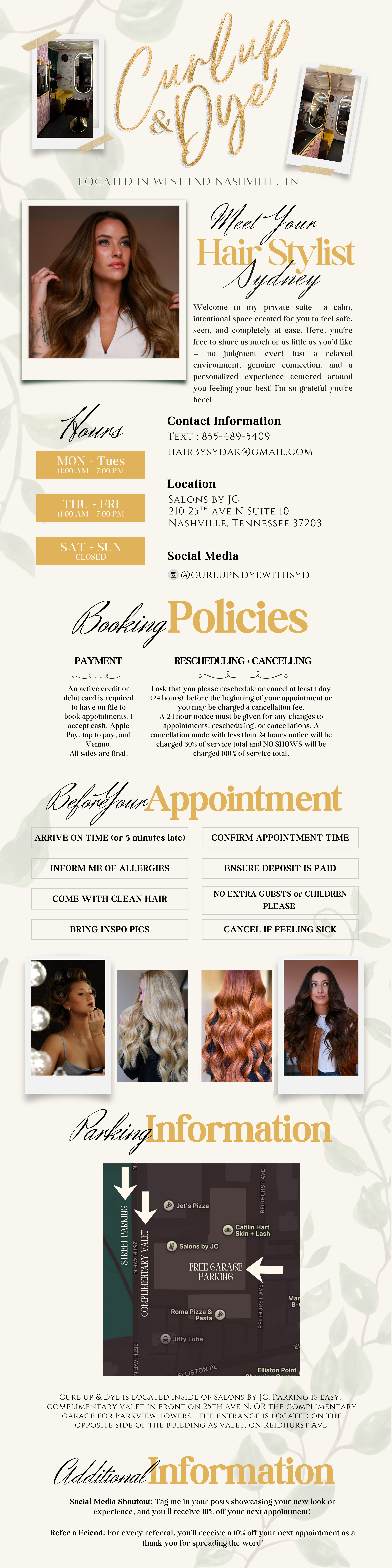 A promotional flyer for Curl Up & Dye, a hair salon in Nashville, Tennessee. It features images of a hair salon interior, a woman with long styled hair, and multiple photos of different hairstyles. The flyer includes salon hours, contact information, location map, booking policies, appointment details, parking information, and additional instructions.