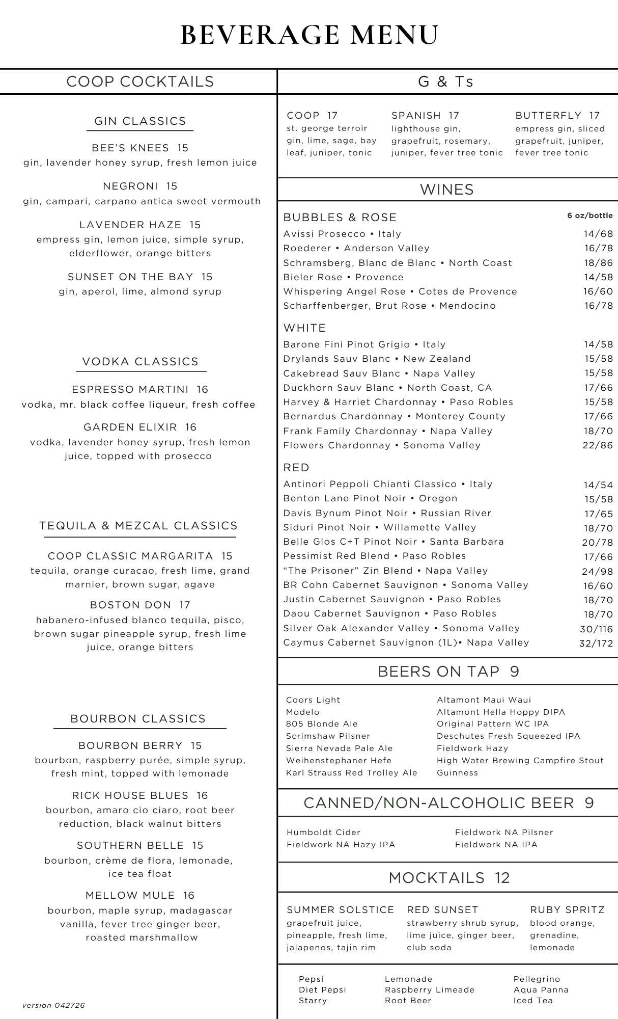 Cooperage Beverage Menu