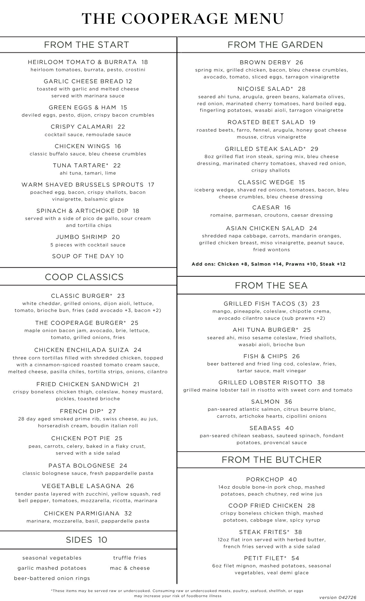 Cooperage Food Menu