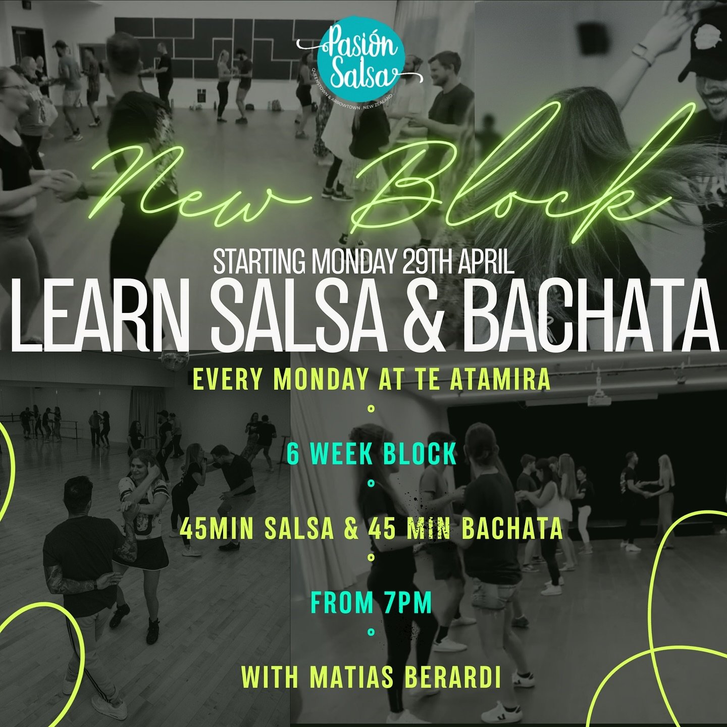 NEW BEGINNERS BLOCK ⭐️ 
⭐️LEARN SALSA AND BACHATA 
Starting Monday 29th April 2024 
✨7pm salsa 
✨7:45pm bachata
✨6 week block course
✨Every Monday
✨at Te Atamira 
✨with @matias.br9 
BOOK YOUR SPOT on our website (link in bio)