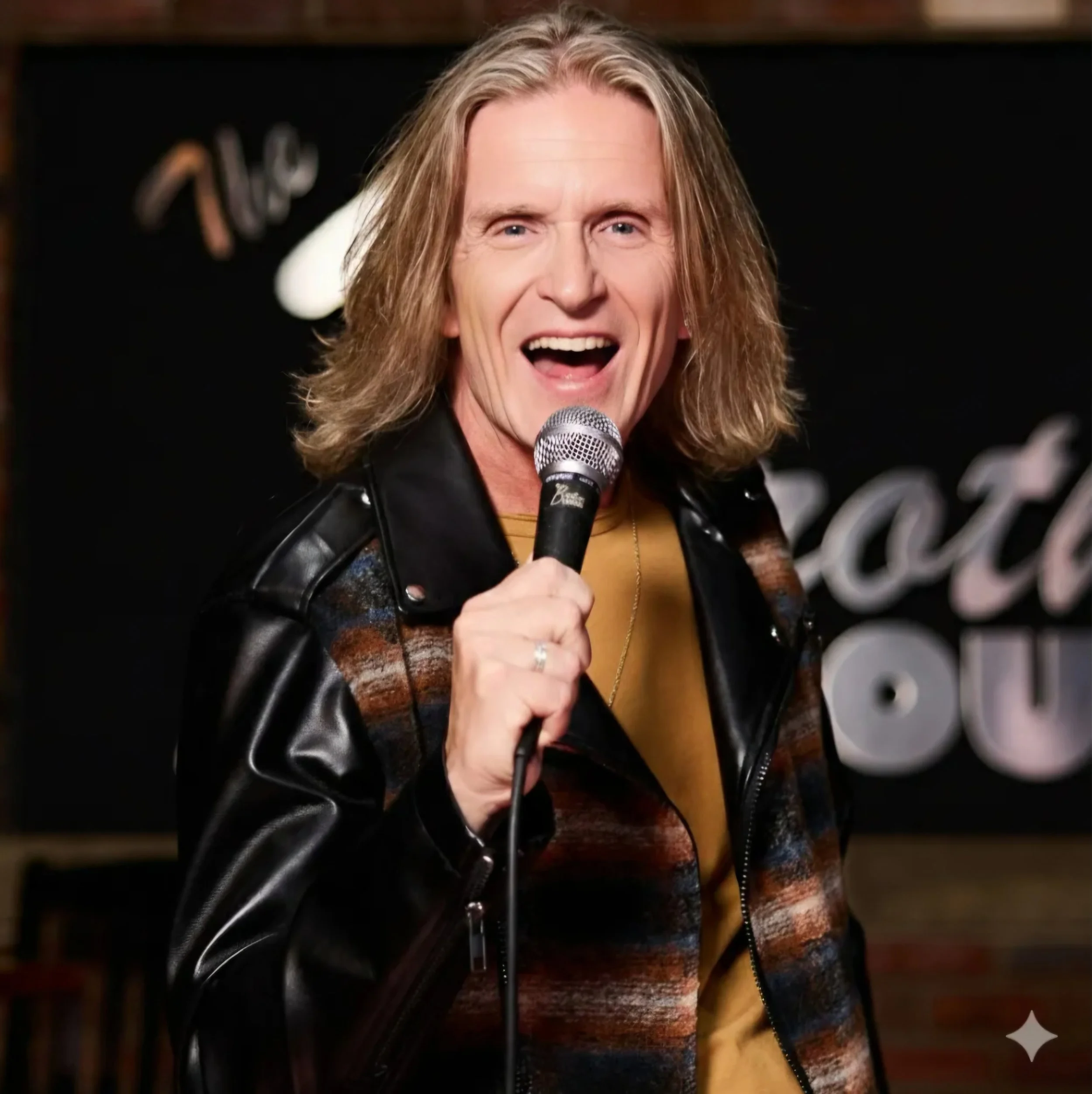 A comedian named Jeff Shaw with a beard and long hair, wearing a black and gray checkered shirt, is standing on stage holding a microphone and smiling, with purple stage curtains in the background.