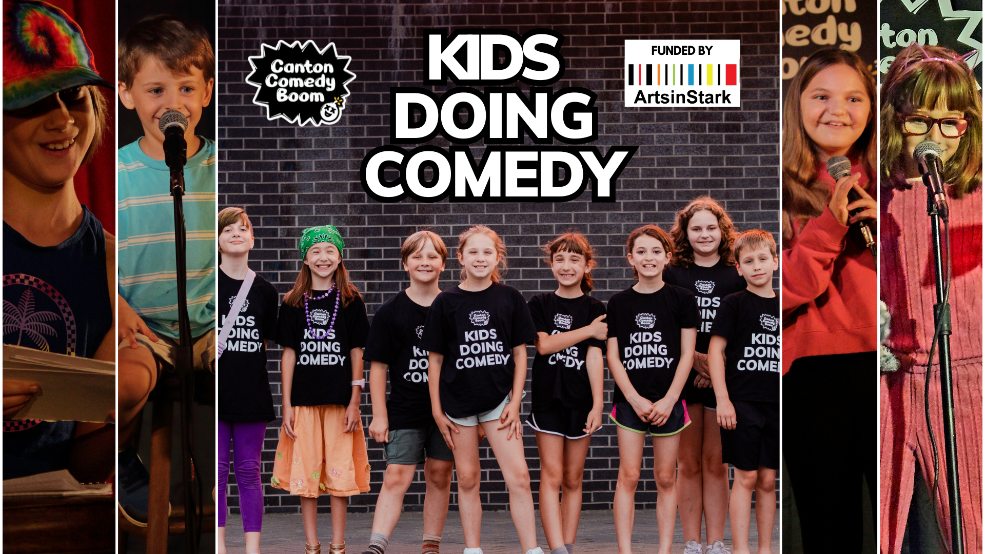 Poster for Kids Doing Comedy event featuring an audience, a young performer with a microphone on stage, colorful background, and event details.