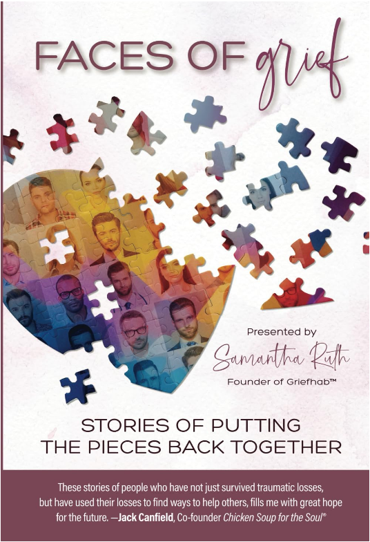Book cover of "Faces of Grief" by Samantha Ruth. Line and copy editing services provided by Dakota for this self help book.