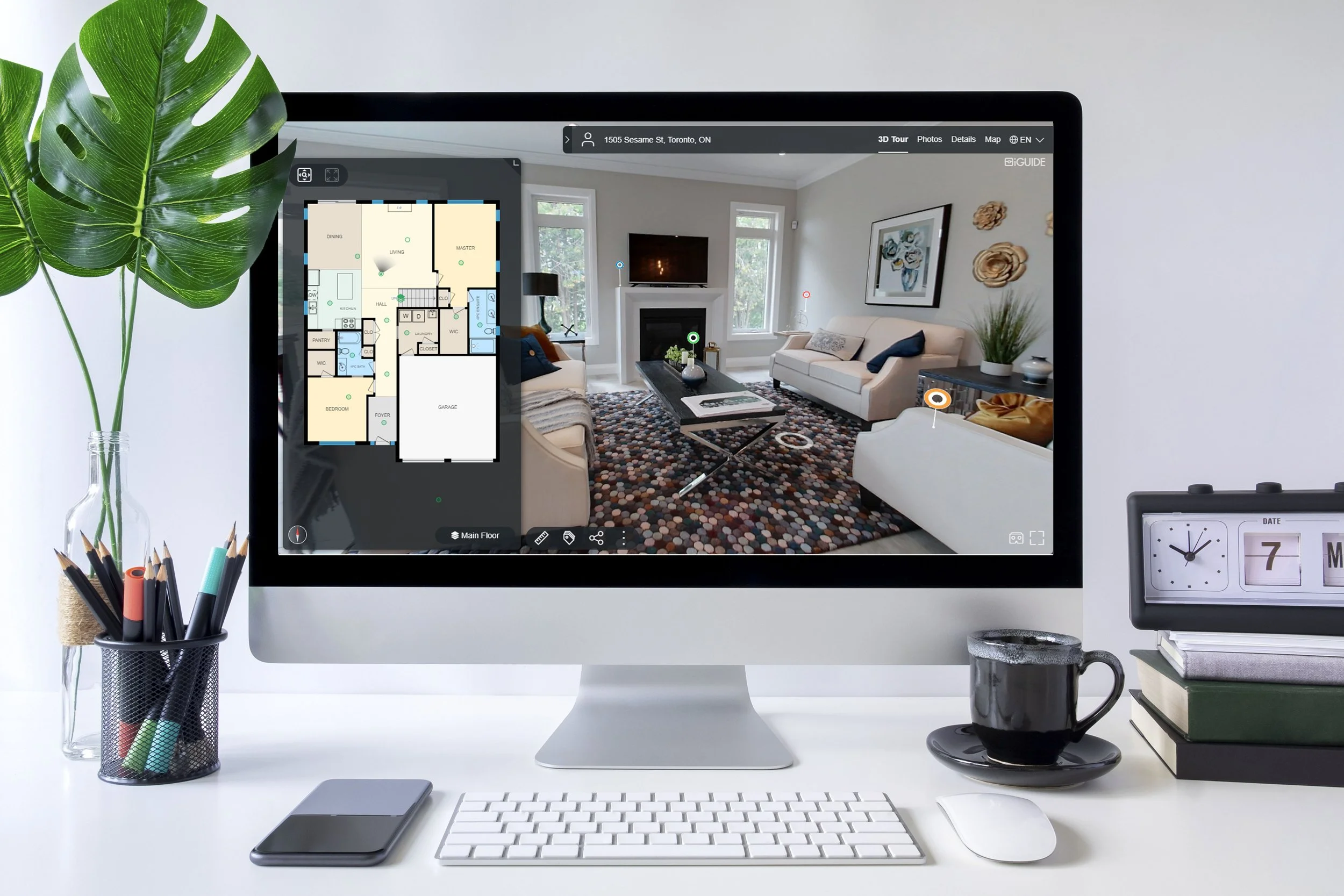 An iGUIDE 3D tour and its floor plan open side by side on a desktop computer