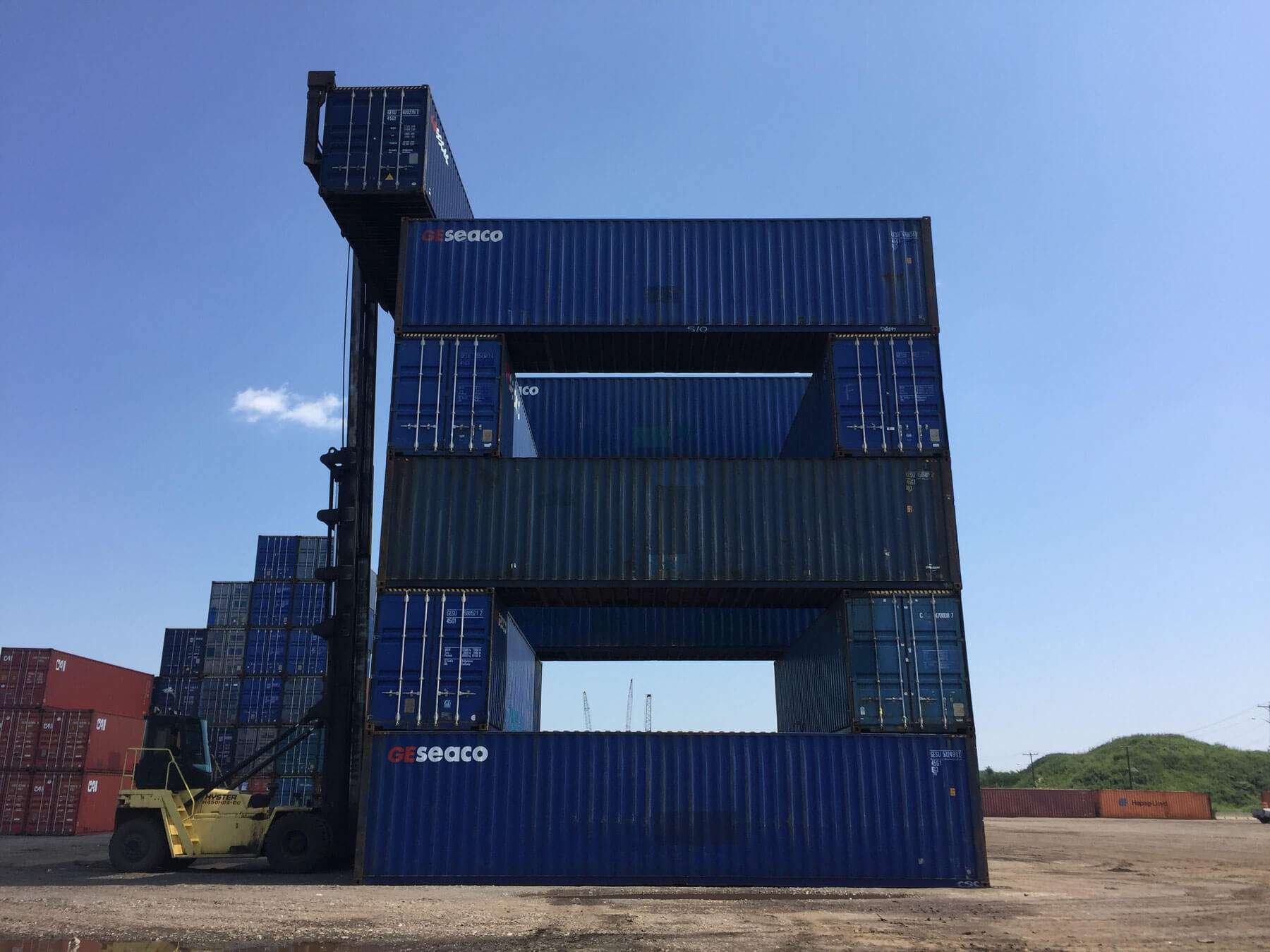  Blue shipping containers. 