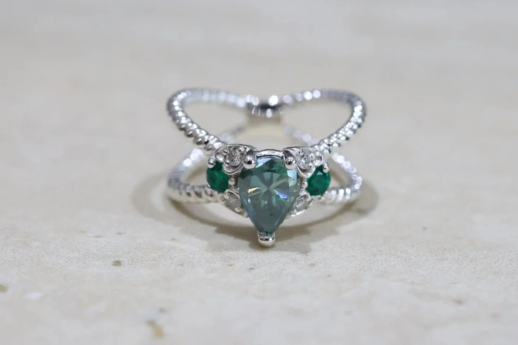 Sterling Silver Blue Pear Cut Gemstone, Lab-Grown Diamond & Biron Emerald Ring