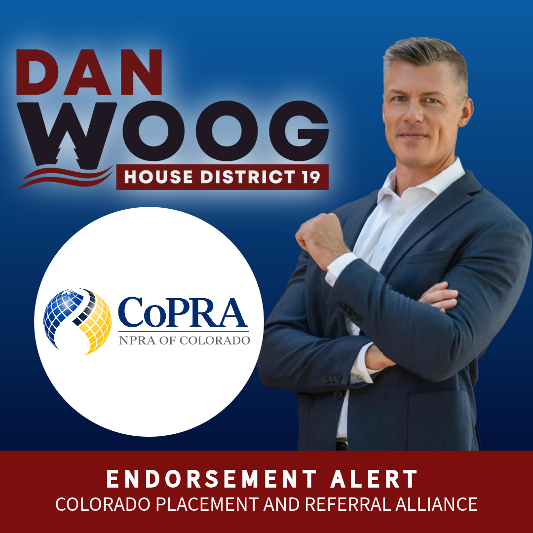 Campaign image for Dan Woog, House District 19 candidate, featuring a portrait of Dan Woog wearing a dark suit and white shirt, with his arms crossed, against a blue background. The campaign logo includes his name and district, and the CoPRA - NPRA of Colorado endorsement logo, with a red banner at the bottom reading 'Endorsement Alert - Colorado Placement and Referral Alliance'.