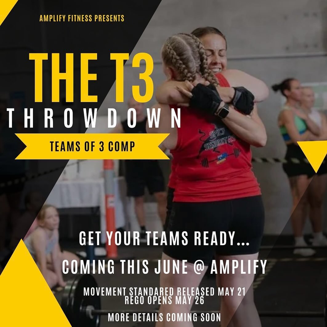 Get your teams ready, because Amplify is bringing you our very first TEAMS OF 3 COMP 🚨
This is an in-house comp for Amplify members only, hitting the gym floor in June 👏🏻
Team option:
▪️3 Females
▪️2 Females &amp; 1 Male
▪️2 Males &amp; 1 Female
M