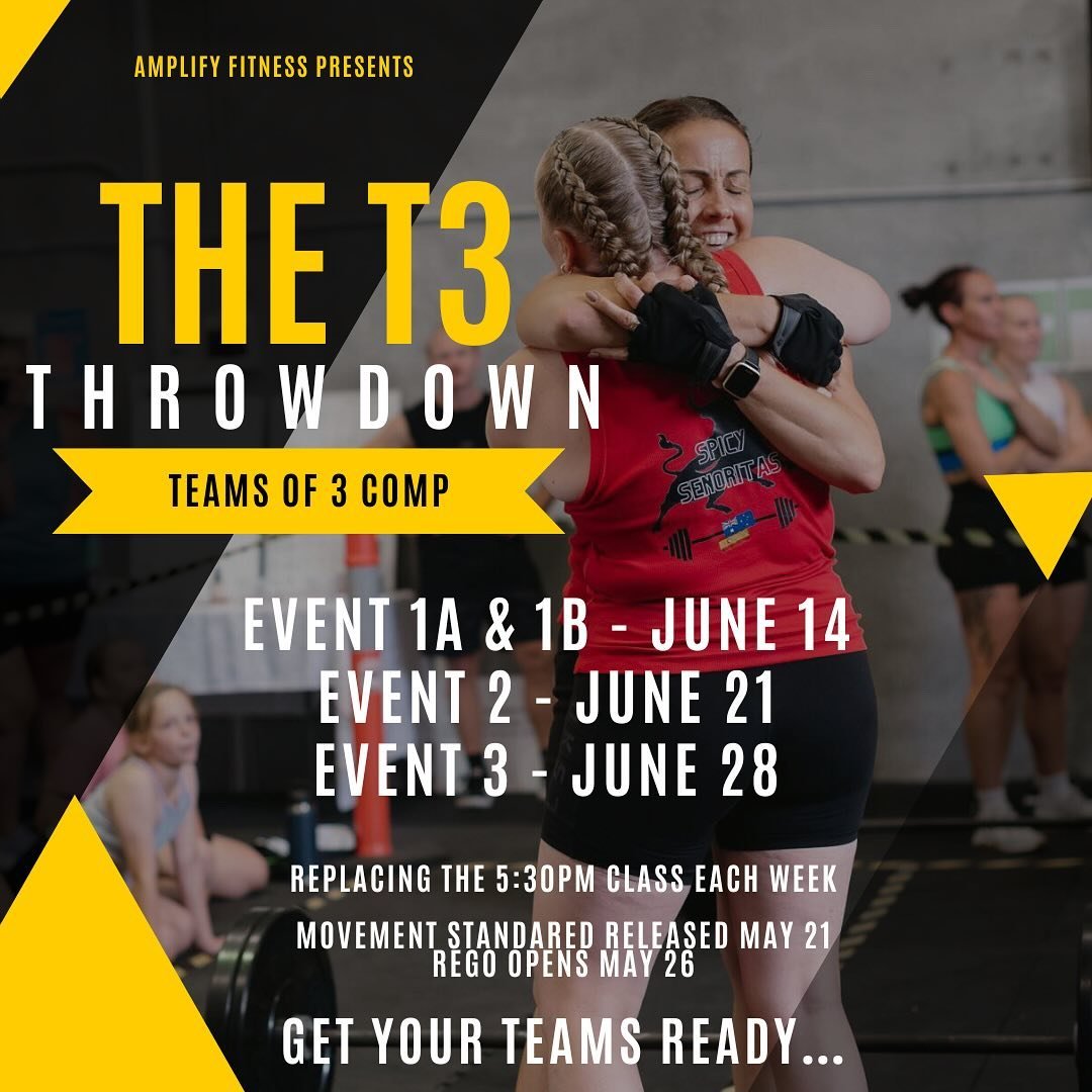 Get your teams ready, because here is some more info about Amplify&rsquo;s very first TEAMS OF 3 COMP 🚨
This is an in-house comp for Amplify members only, hitting the gym floor over 3 Friday nights in June 👏🏻 (Replacing our 5:30pm Amped Class)
Tea