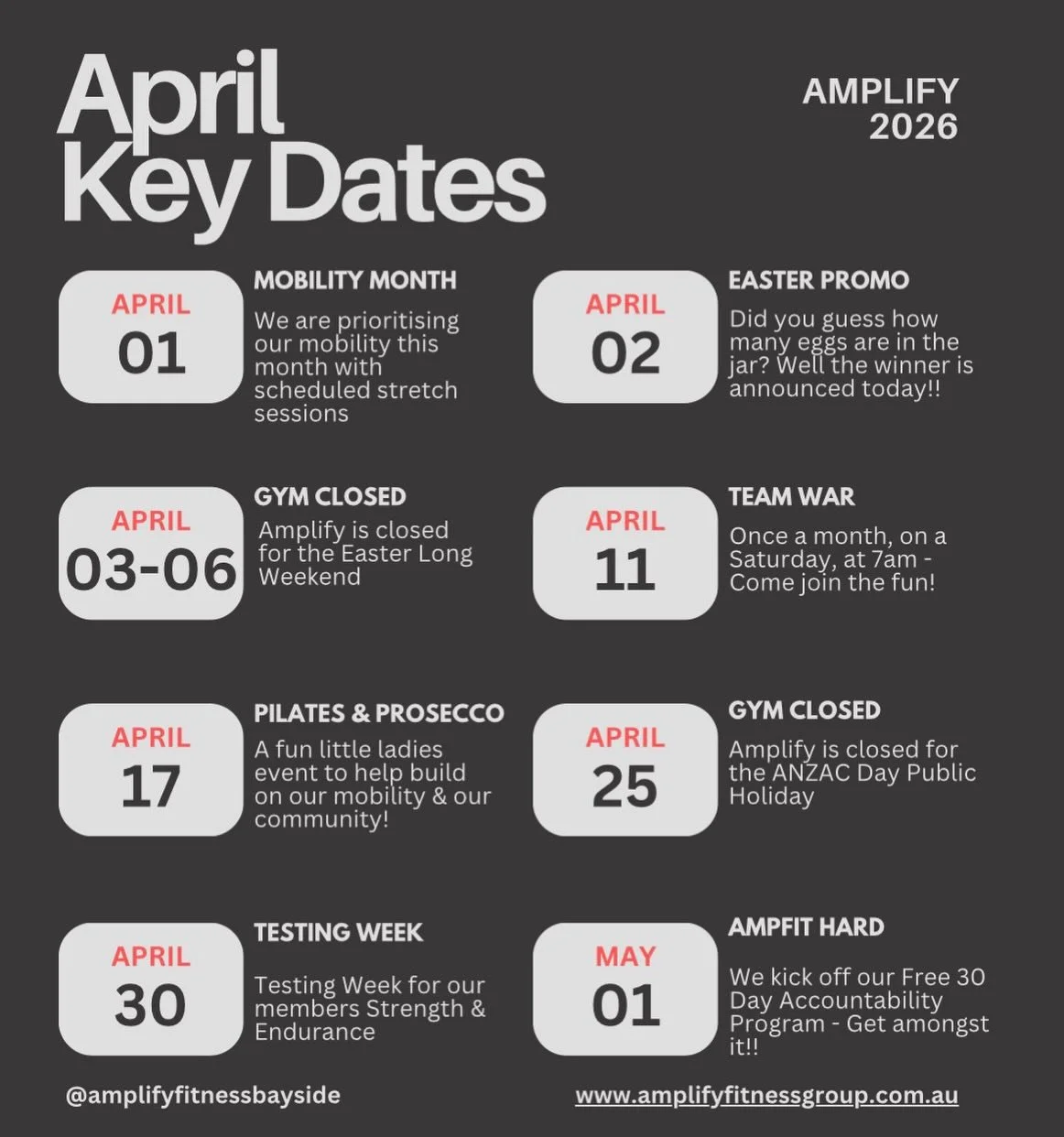 What&rsquo;s going on in April at Amplify, I hear you ask&hellip;
CHECK IT OUT!! 🙌🏼
#AmplifyFitnessBayside #AmpFitCommunity
